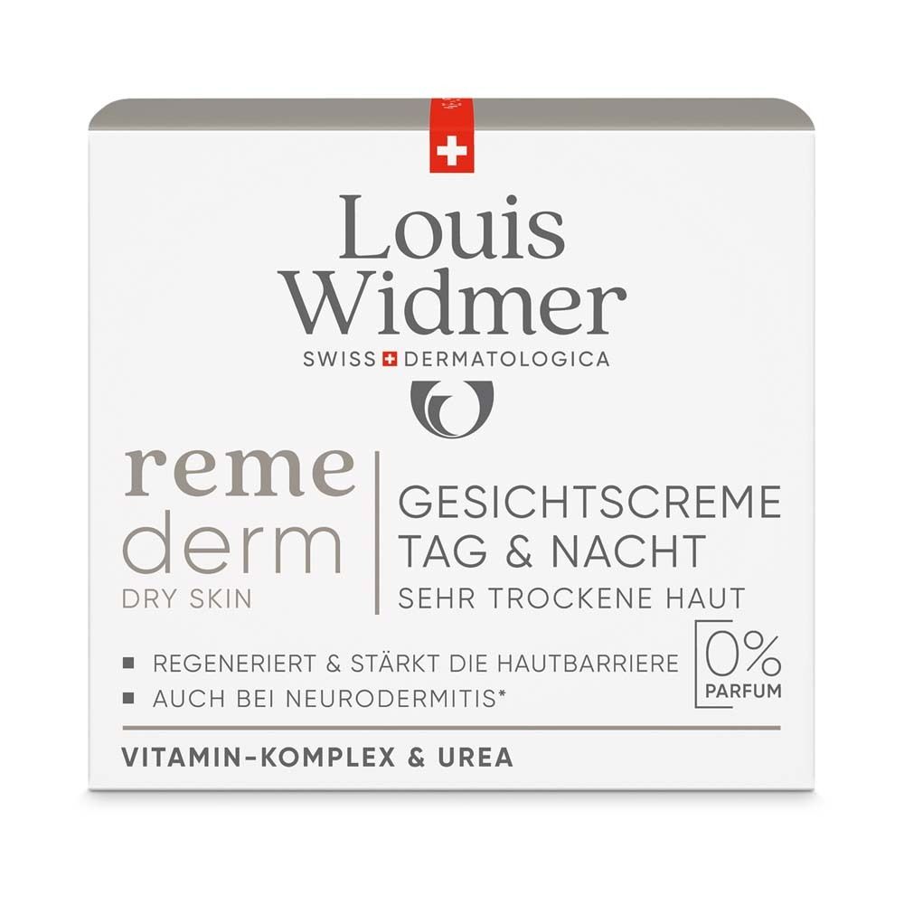 Weiße Faltschachtel mit rotem Kreuz. Aufschrift: Louis Widmer, remederm, Gesichtscreme Tag & Nacht für sehr trockene Haut.