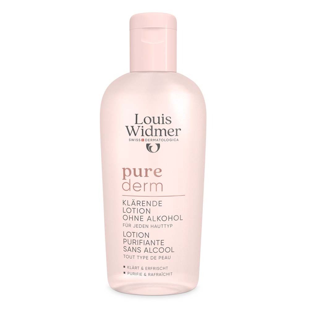 Rosa Flasche mit Lotion. Aufschrift: Louis Widmer, pure derm, Klärende Lotion ohne Alkohol.
