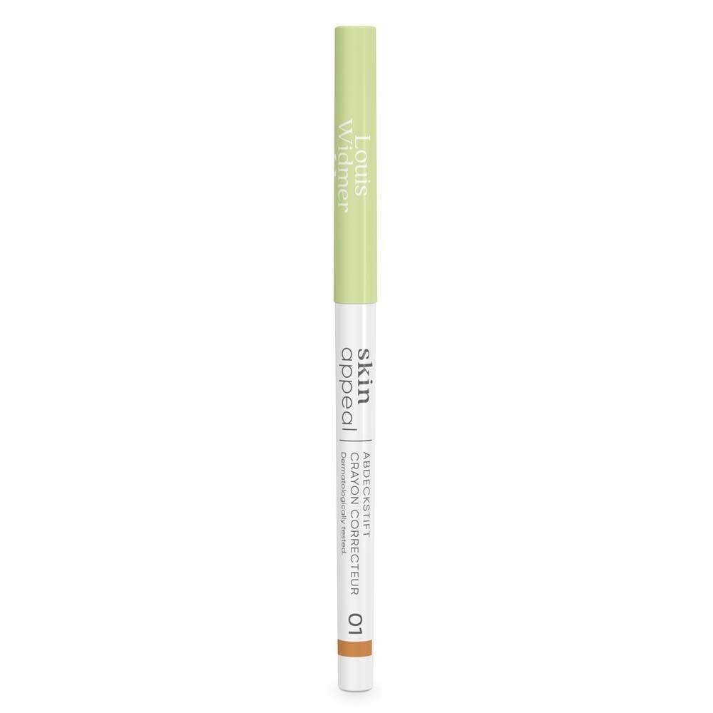 Louis Widmer Skin Appeal Abdeckstift 01. Grüner und weißer Stift mit brauner Spitze. Text: Skin Appeal, Abdeckstift 01.