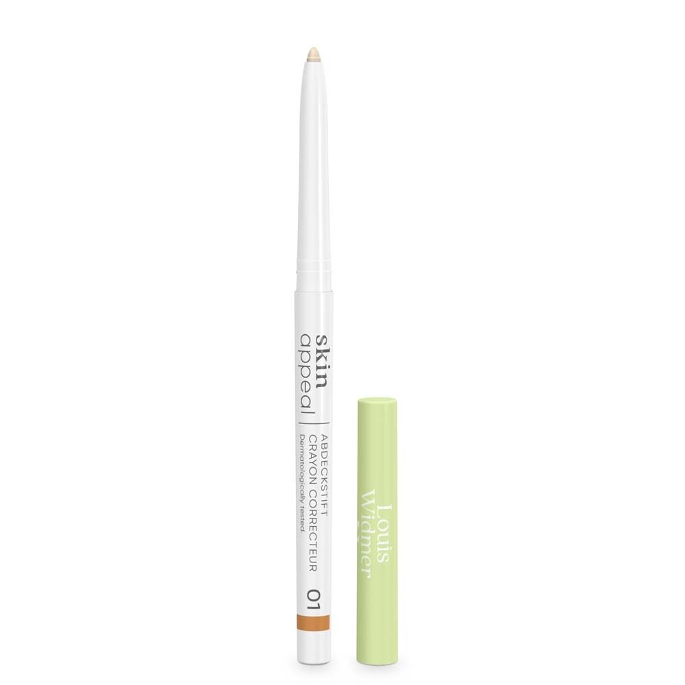 Louis Widmer Skin Appeal Abdeckstift 01. Weißer Stift mit grüner Kappe und brauner Spitze. Text: Skin Appeal, Abdeckstift 01.