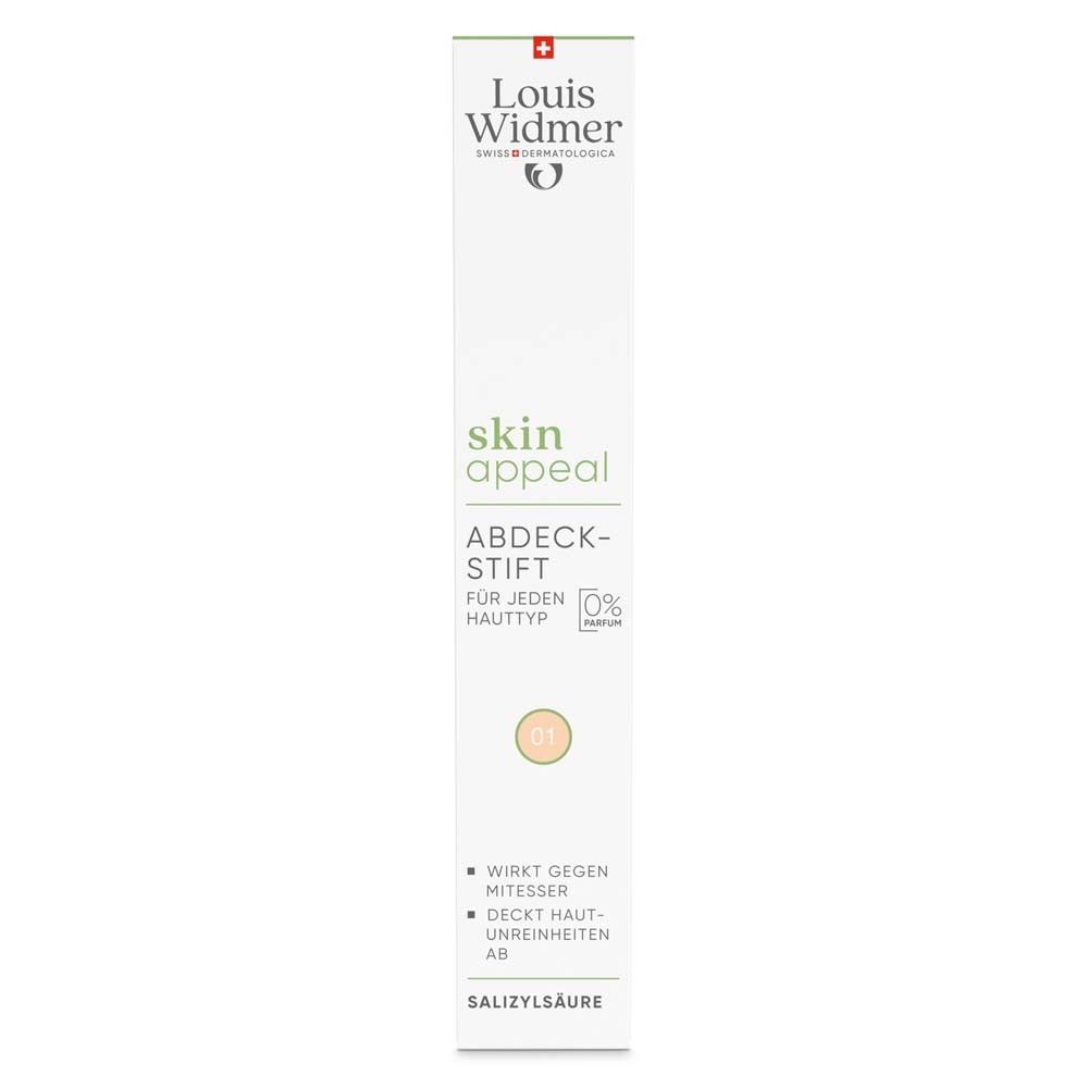 Louis Widmer Skin Appeal Abdeckstift. Weiße Verpackung mit Produktabbildung und Text. Text: Skin Appeal, Abdeckstift, 0% Parfum.
