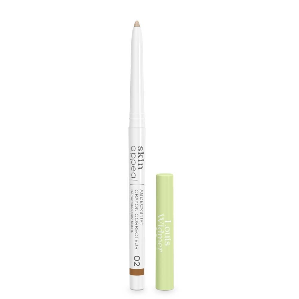 Abdeckstift, weiß, mit grüner Kappe. Spitze ausgefahren. Beschriftung: skin appeal, 02.