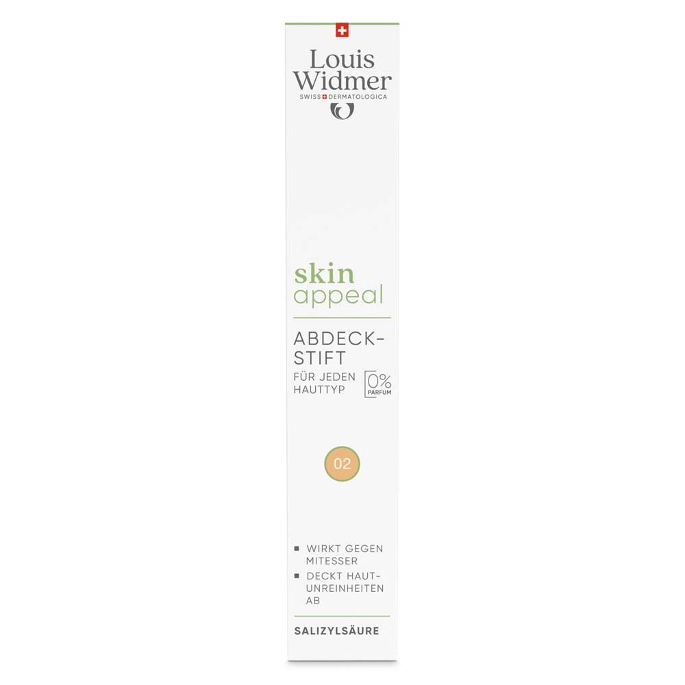 Verpackung, weiß, mit Produktabbildung und Beschriftung: skin appeal, Abdeckstift, 02, für jeden Hauttyp.