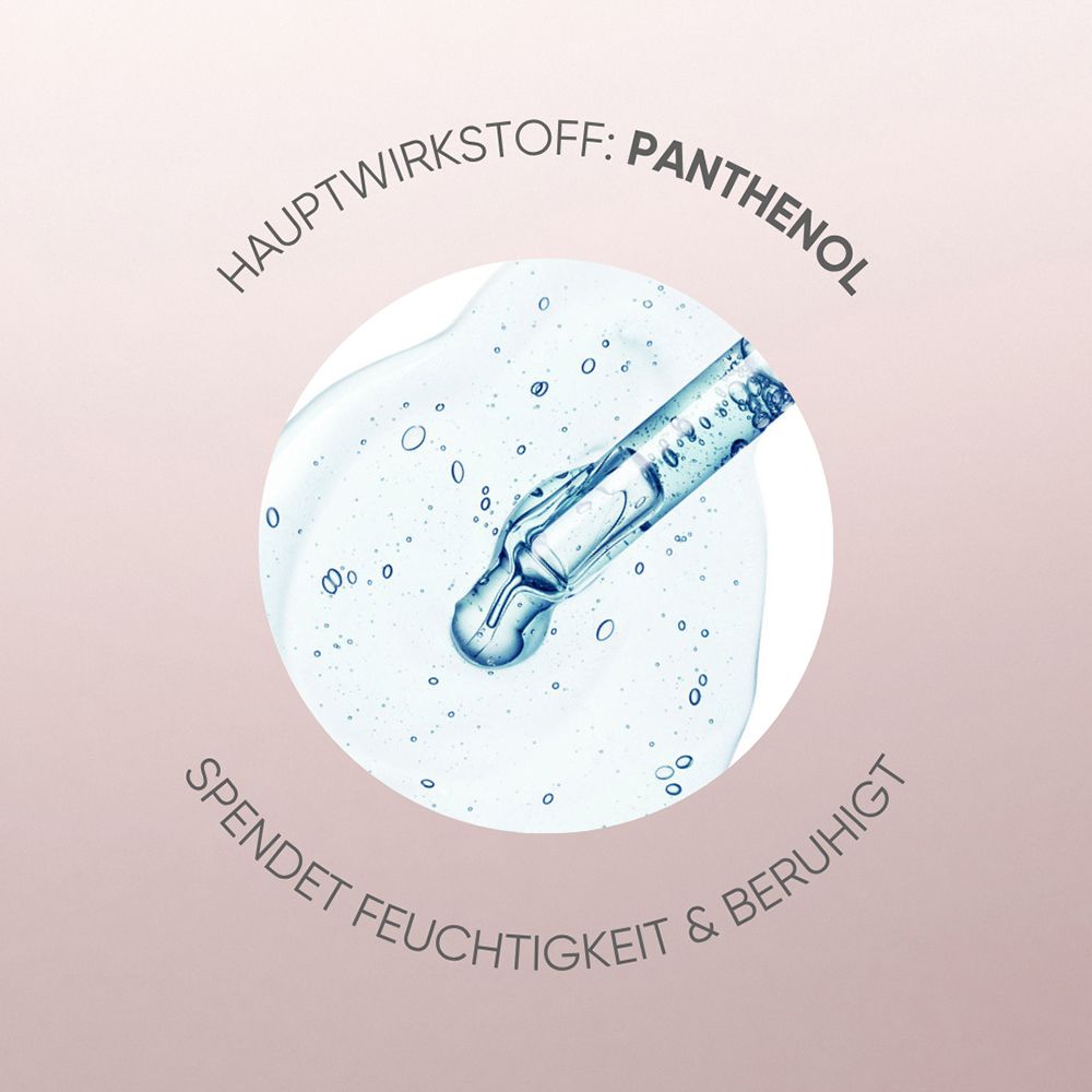 Pipette mit Panthenol-Serum in einer Flüssigkeit, spendet Feuchtigkeit.