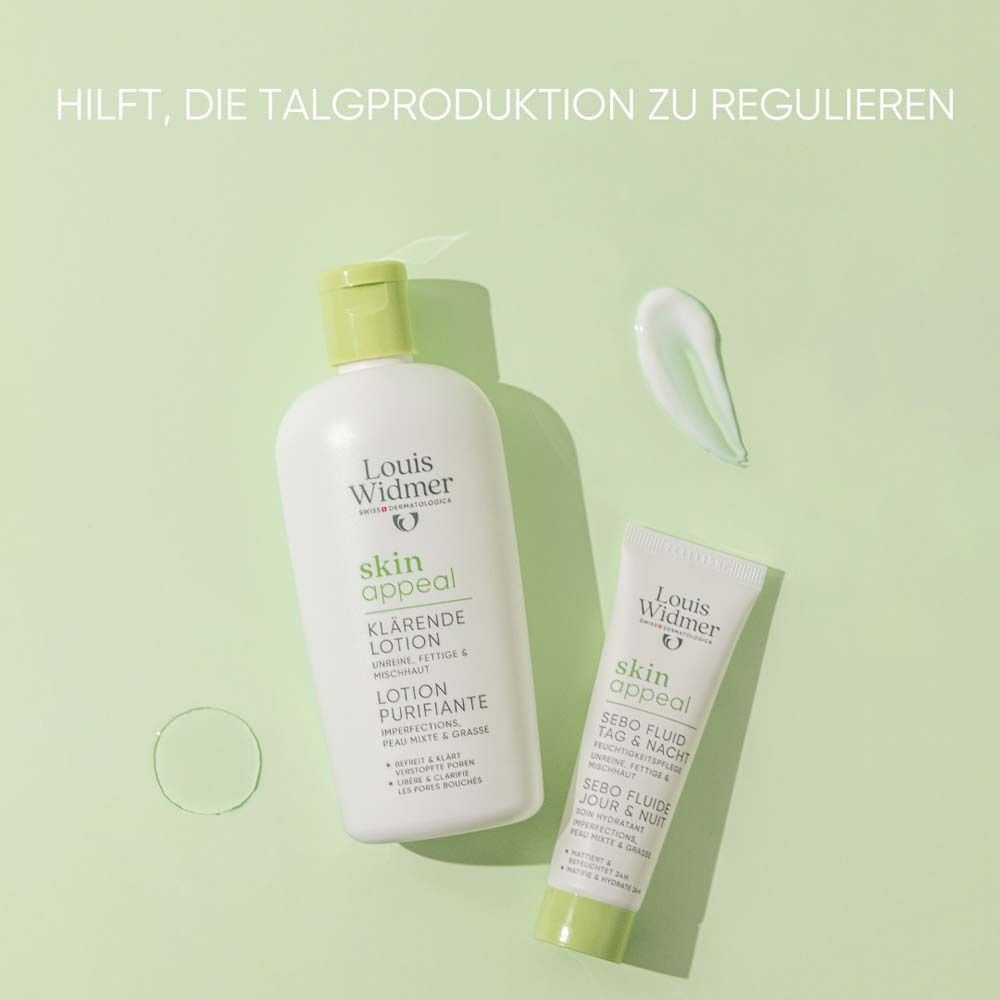 Klärende Lotion und Sebo Fluid. Aufschrift: Louis Widmer, skin appeal. Grün-weisse Verpackung. Grüne Flüssigkeit daneben.