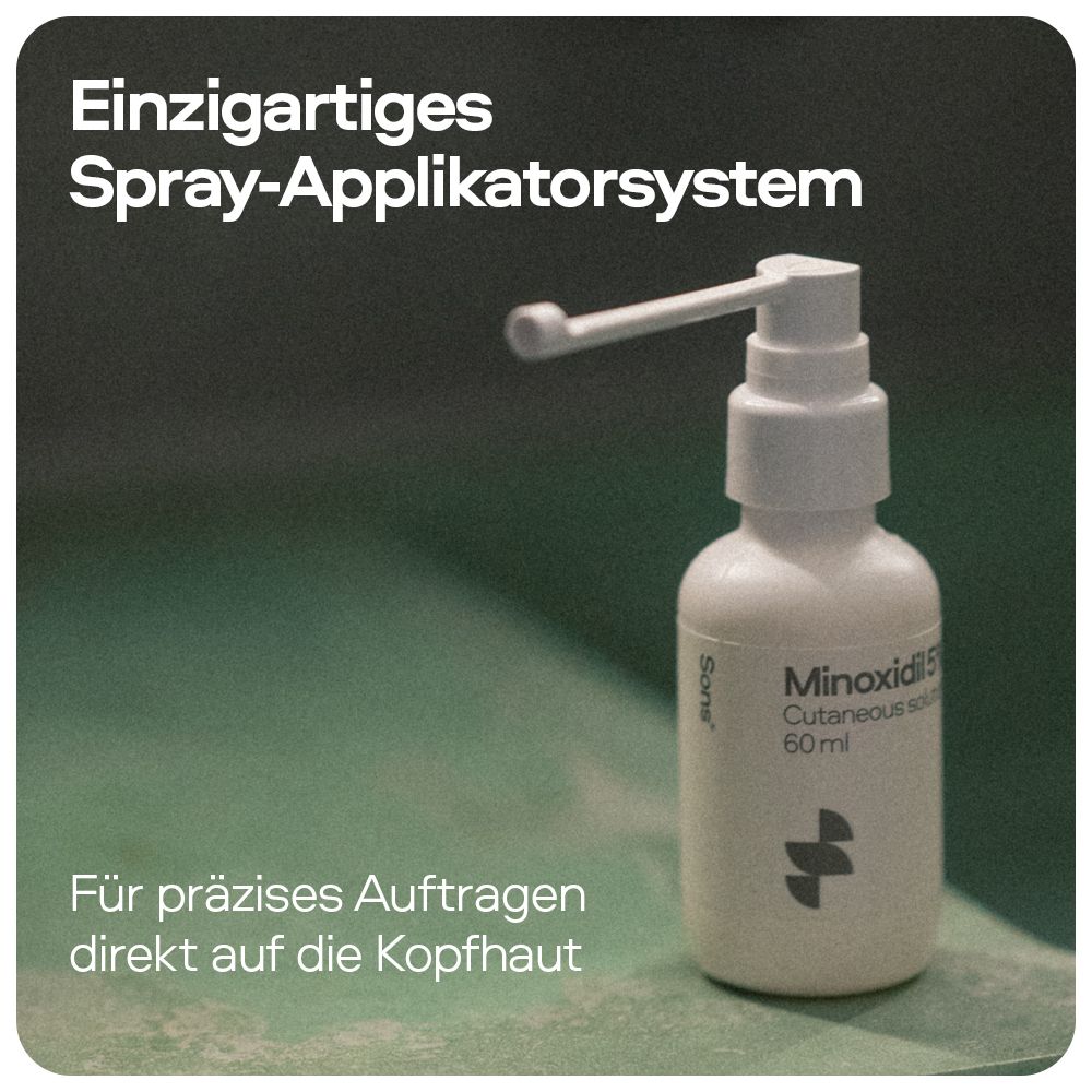 Weiße Flasche mit Pumpspender. Aufschrift: Sons, Minoxidil 5%. Text: Cutaneous solution 60ml. Grüner Hintergrund.