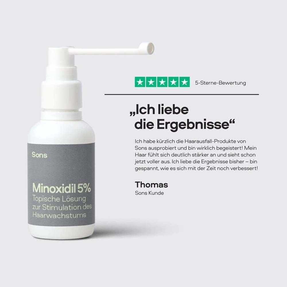 Weiße Flasche mit Pumpspender. Text: "Sons", "Minoxidil 5%", "Topische Lösung zur Stimulation des Haarwachstums".