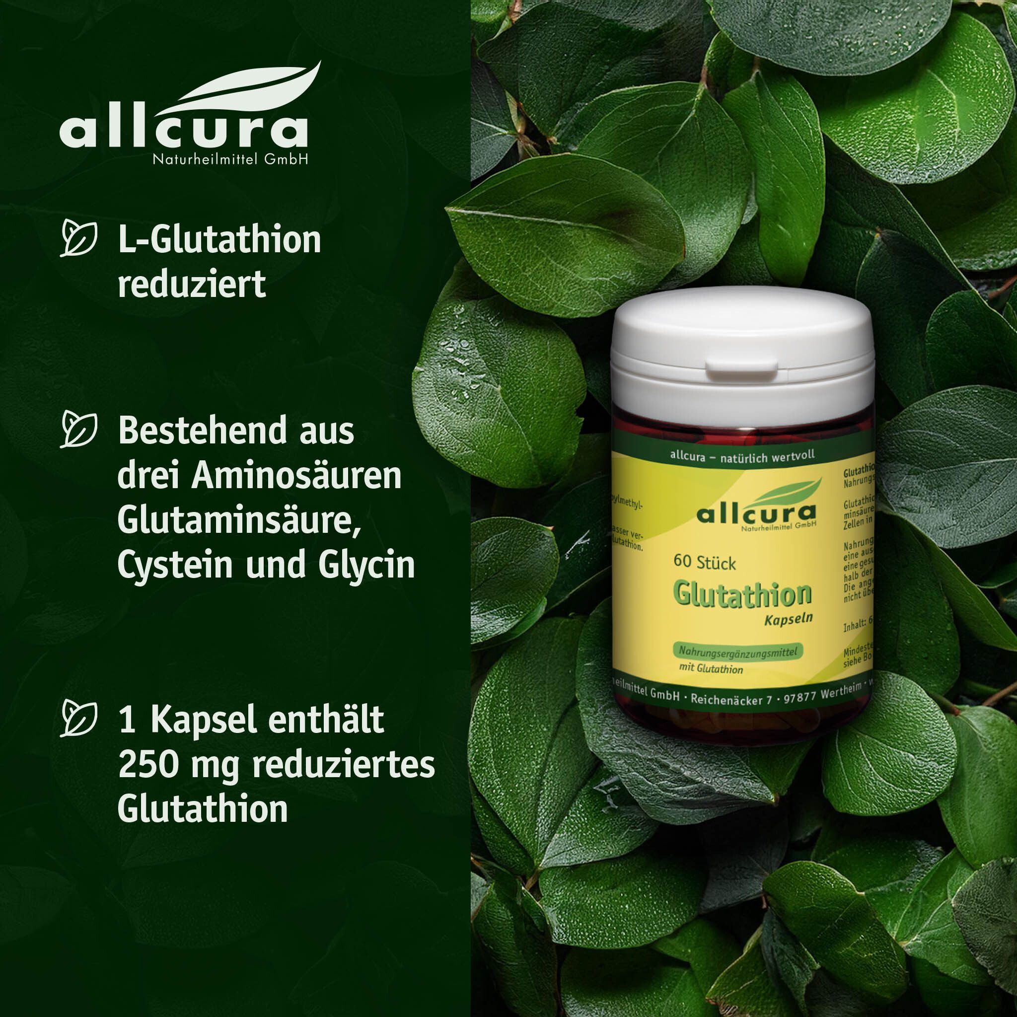 Dose mit Glutathion Kapseln, umgeben von grünen Blättern. Text: L-Glutathion reduziert, 3 Aminosäuren, 250mg Glutathion.