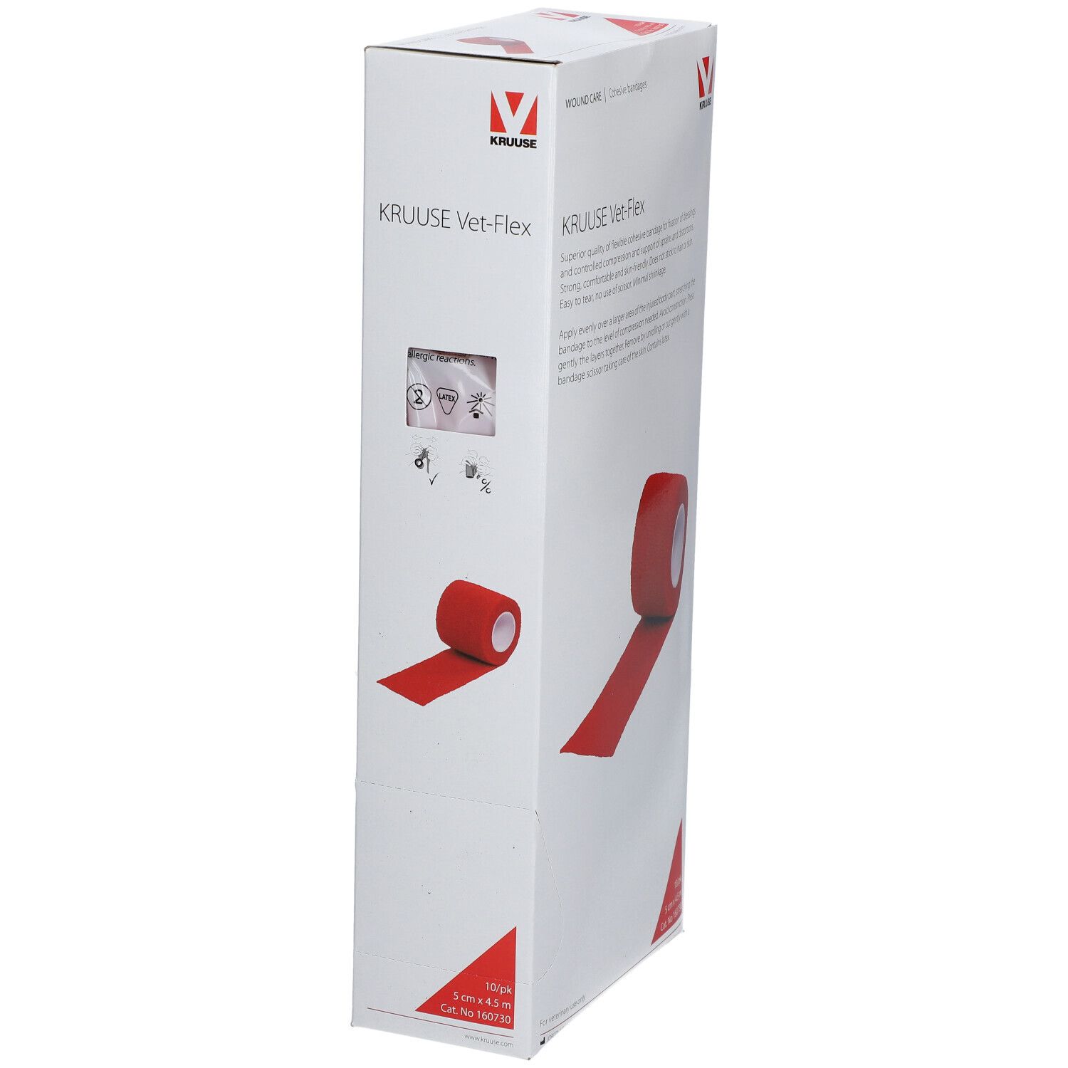 Produktverpackung mit roter Verbandrolle. Aufdruck: KRUUSE Vet-Flex, 5 cm x 4,5 m. Logo: rotes V. Seitenansicht der Verpackung mit Produktabbildung.