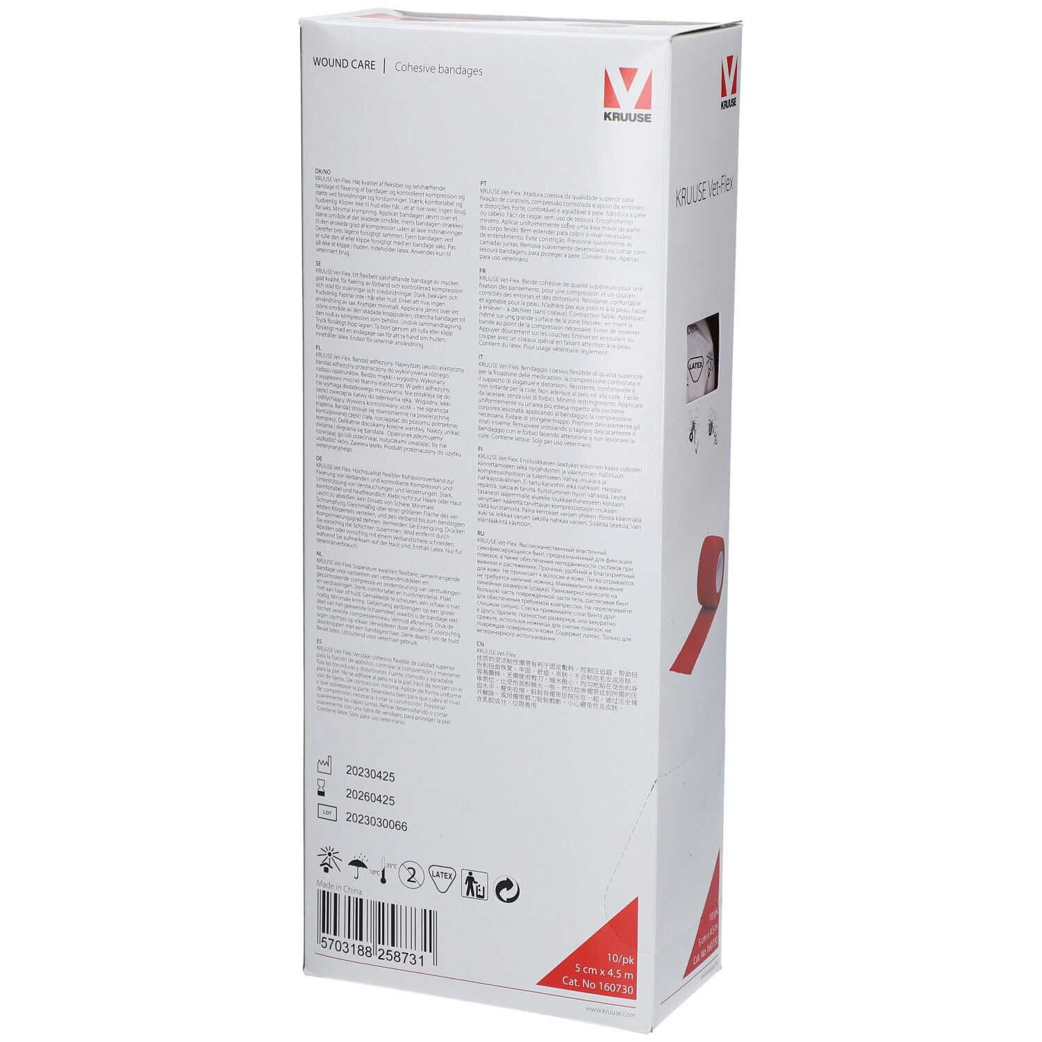 Rückseite der Produktverpackung. Text in mehreren Sprachen. Aufdruck: KRUUSE Vet-Flex. Logo: rotes V. Informationen zu Chargennummern und Symbolen.