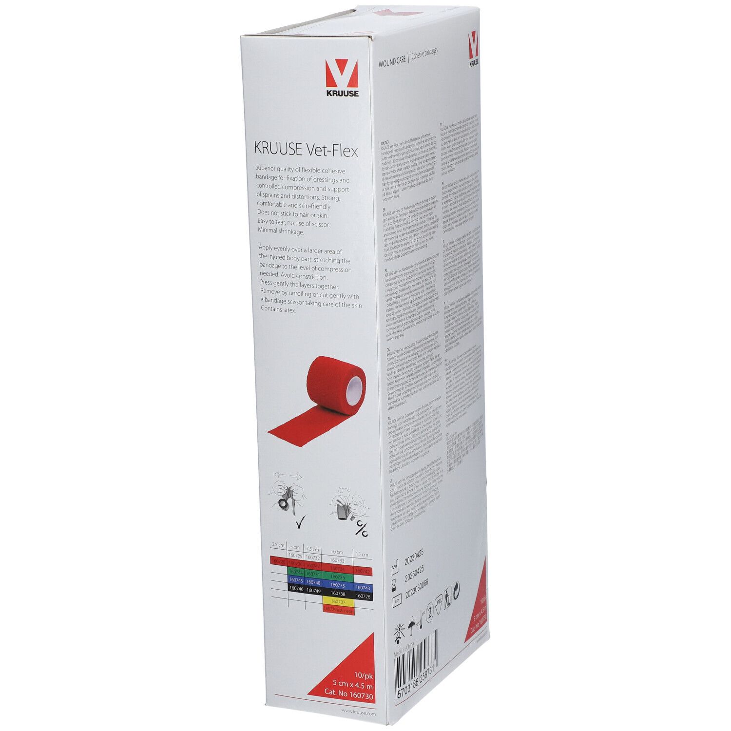 Produktverpackung mit roter Verbandrolle. Aufdruck: KRUUSE Vet-Flex, 5 cm x 4,5 m. Logo: rotes V. Seitenansicht der Verpackung mit Produktabbildung.