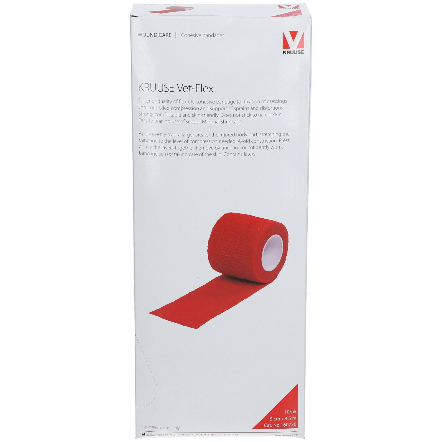 Rote Verbandrolle auf weißem Hintergrund. Aufdruck: KRUUSE Vet-Flex. Logo: rotes V. Produktverpackung mit Produktabbildung.