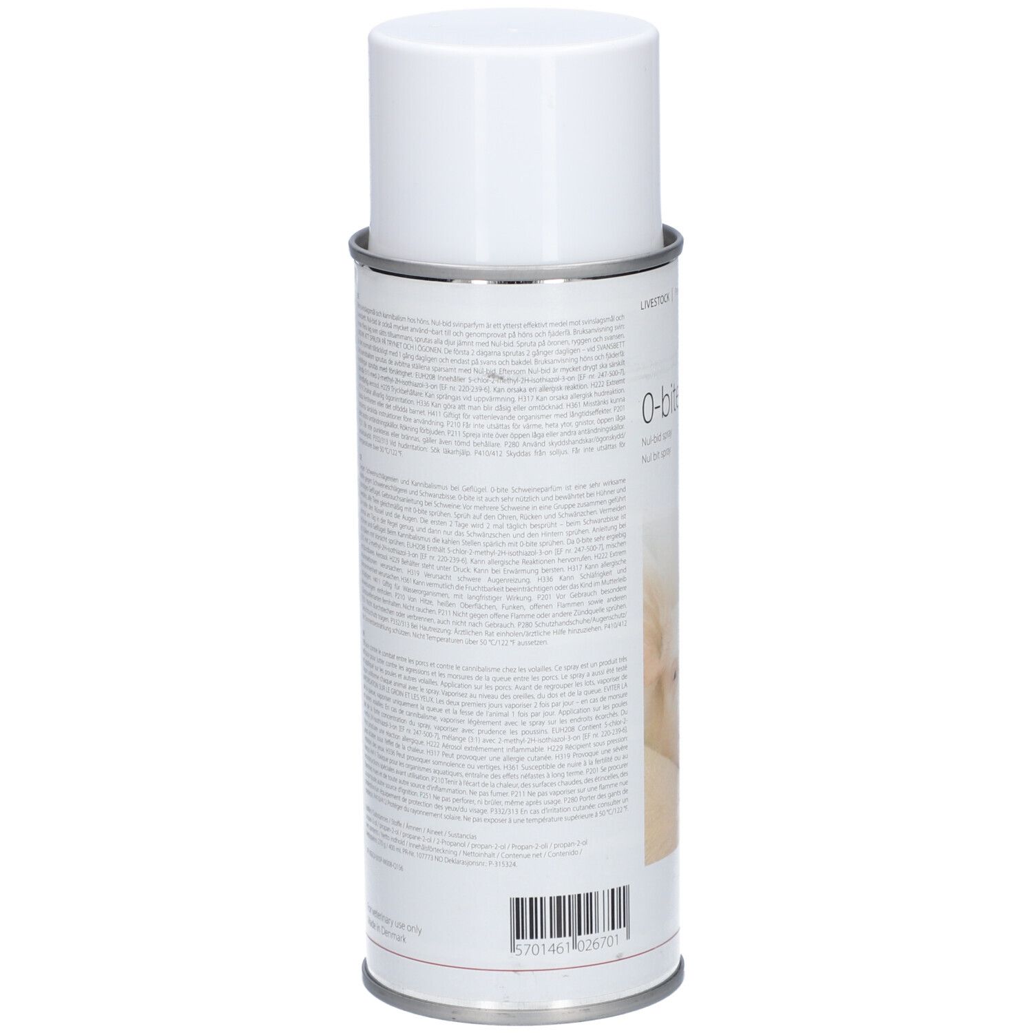 Spraydose mit weißem Deckel. Rückseite mit Text. Marke: KRUUSE. Warnhinweise und Barcode.