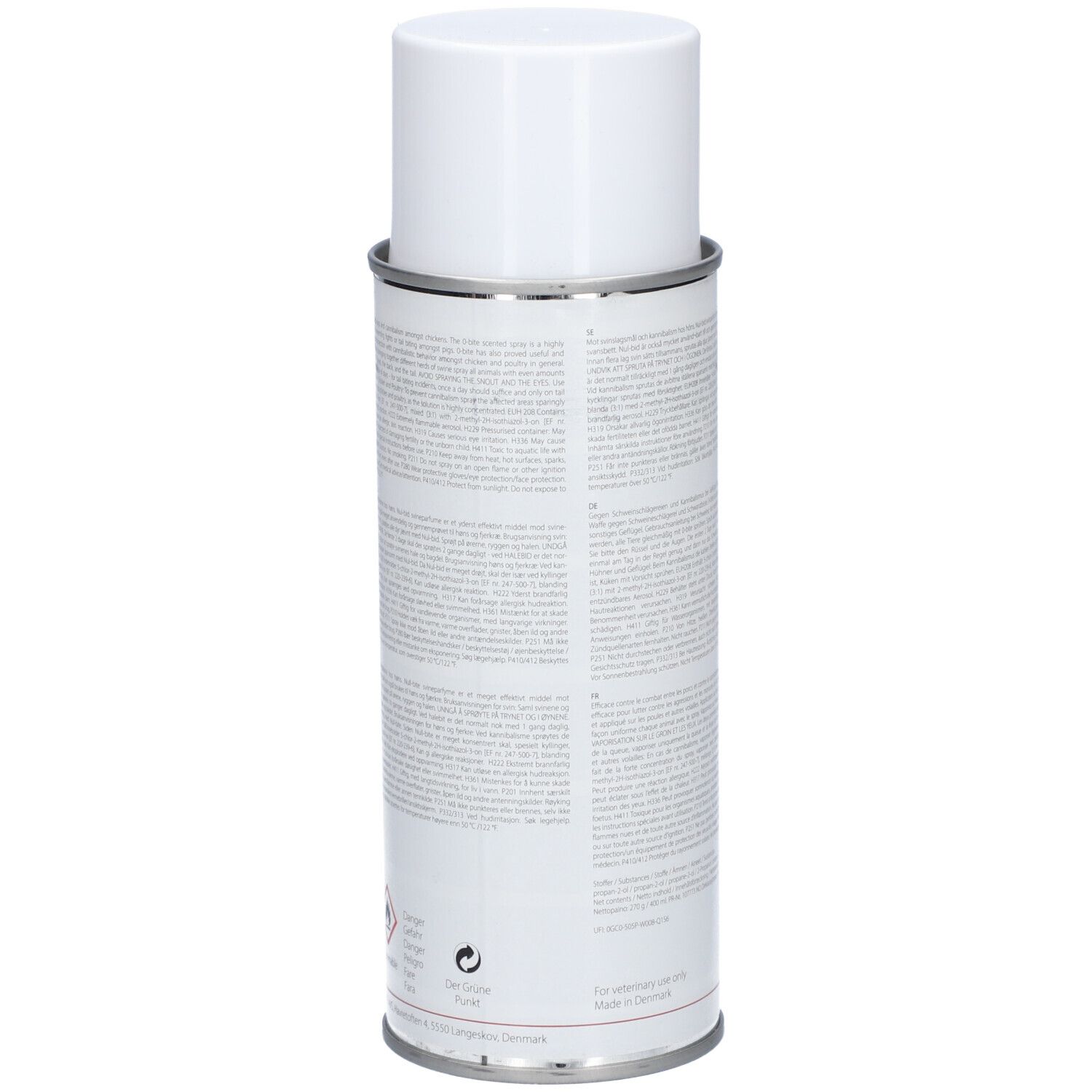 Spraydose mit weißem Deckel. Rückseite mit Text. Marke: KRUUSE. Warnhinweise und Piktogramme.