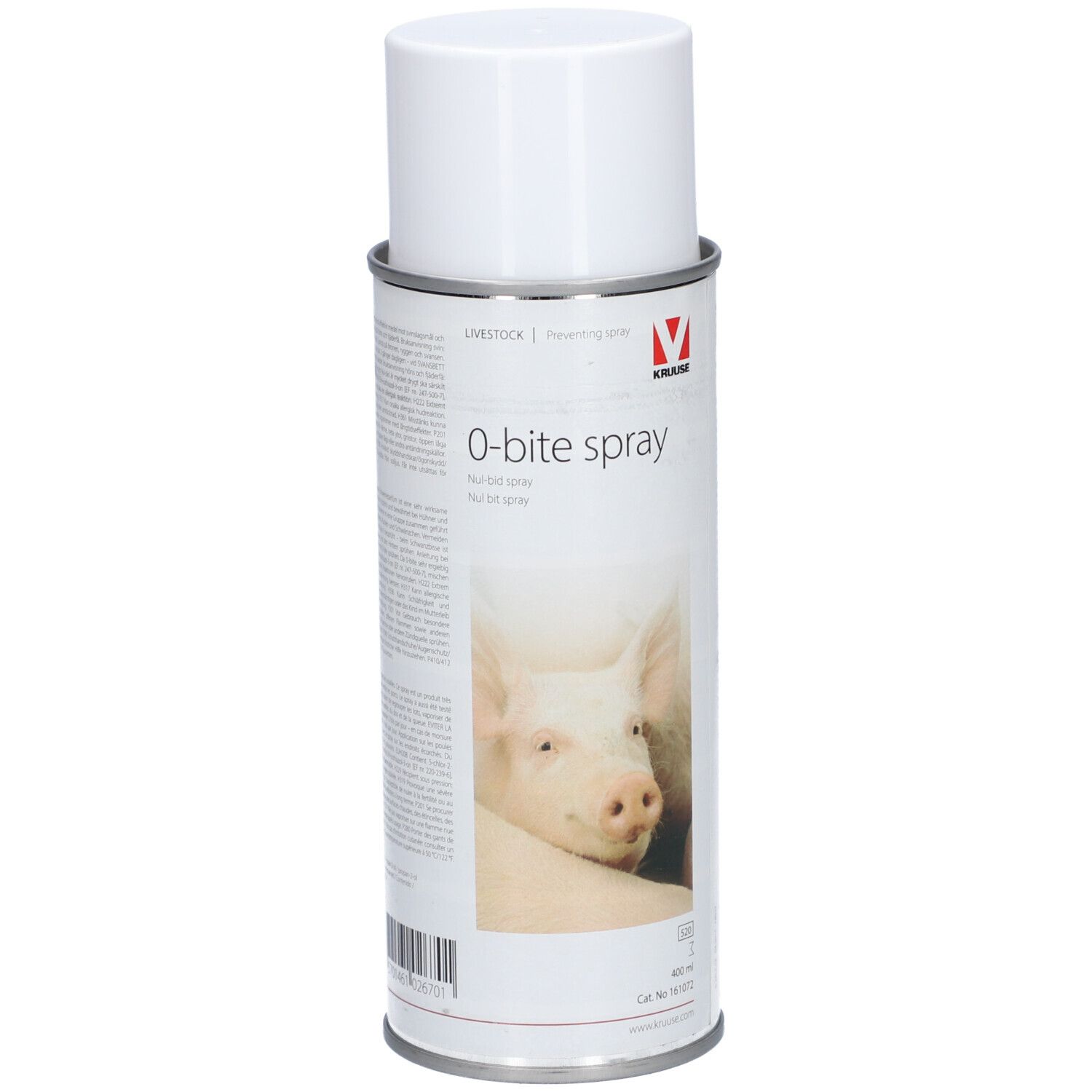 Spraydose mit weißem Deckel. Aufschrift: O-bite spray. Abbildung eines Schweins. Marke: KRUUSE.