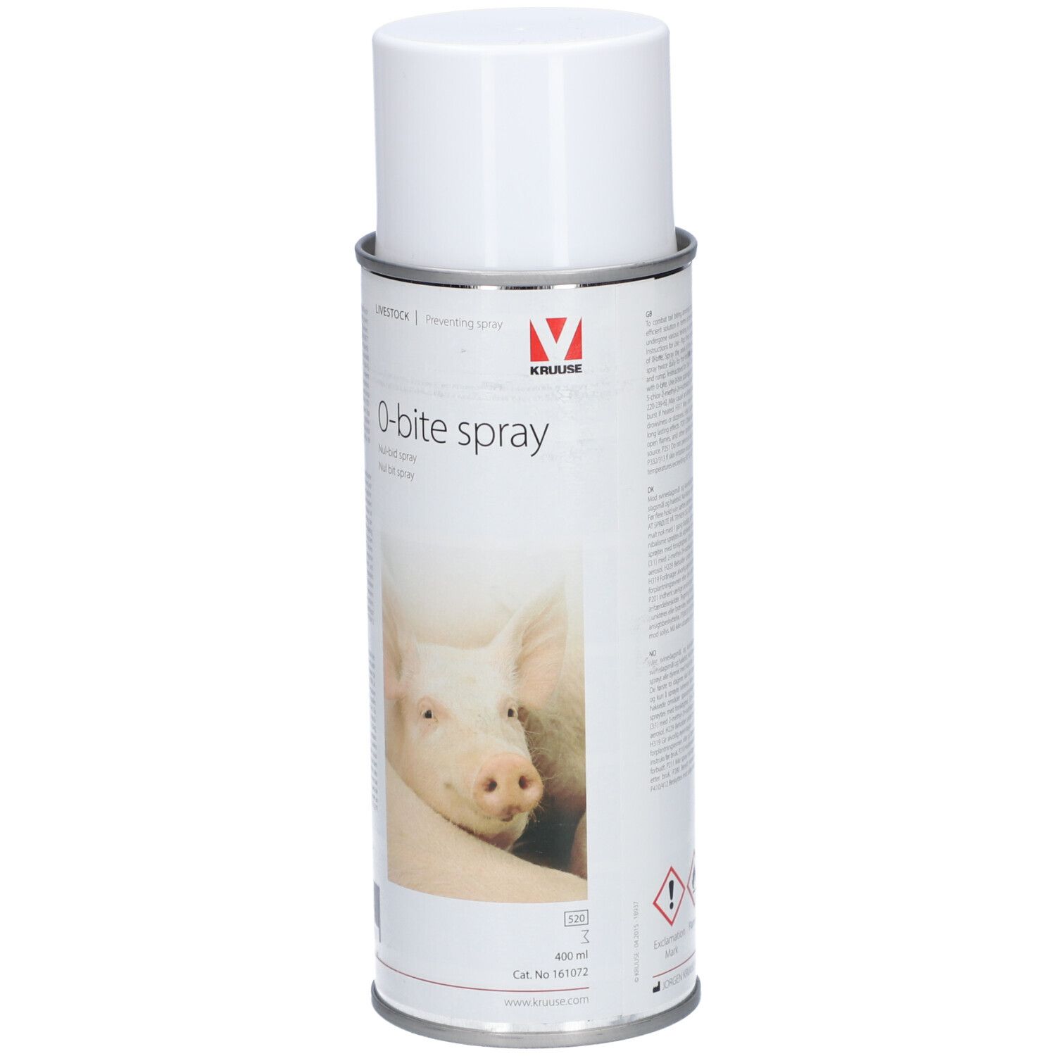 Spraydose mit weißem Deckel. Aufschrift: O-bite spray. Abbildung eines Schweins. Marke: KRUUSE.