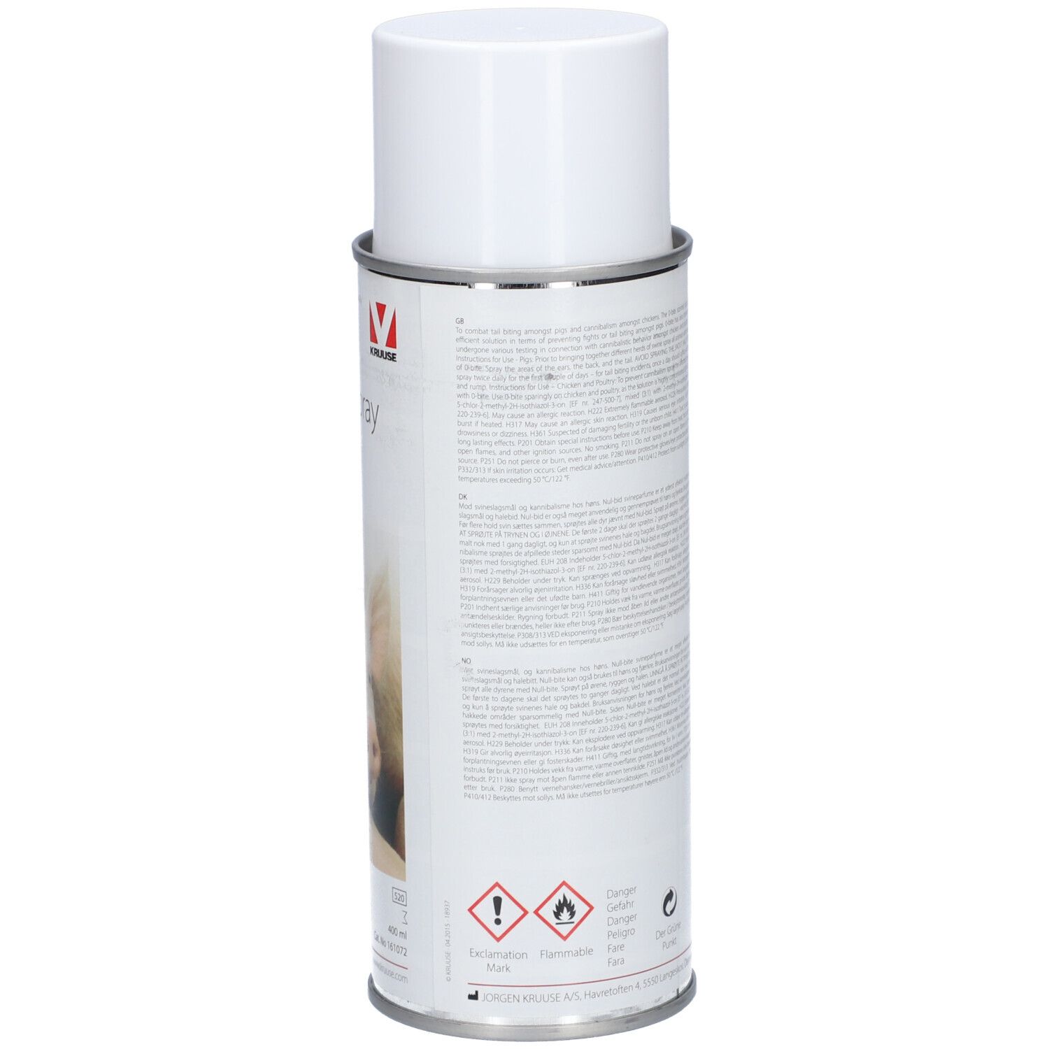 Spraydose mit weißem Deckel. Rückseite mit Text. Marke: KRUUSE. Warnhinweise und Piktogramme.