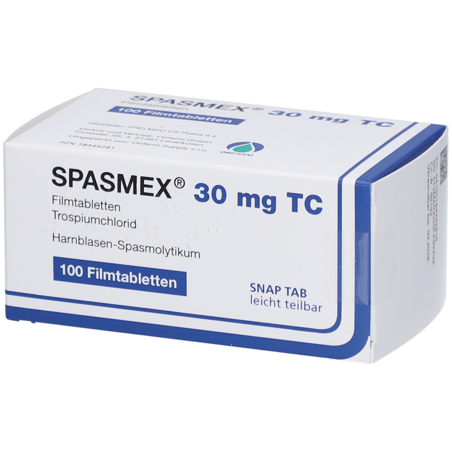 Schachtel mit SPASMEX 30 mg TC Filmtabletten. Blaue und weiße Verpackung. Enthält 100 Filmtabletten. Text: SNAP TAB leicht teilbar.