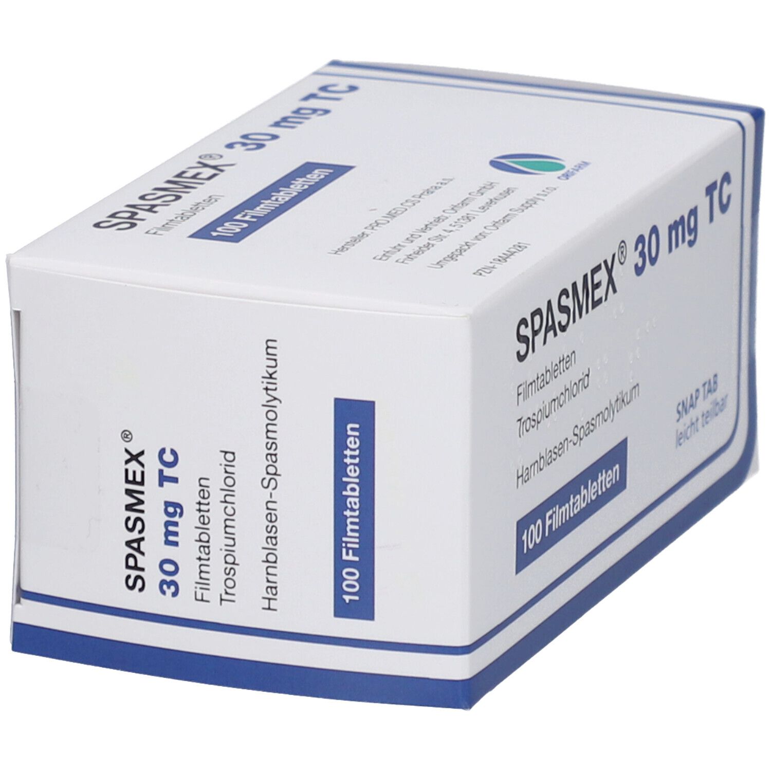 Schachtel mit SPASMEX 30 mg TC Filmtabletten. Blaue und weiße Verpackung. Enthält 100 Filmtabletten. Text: SNAP TAB leicht teilbar.