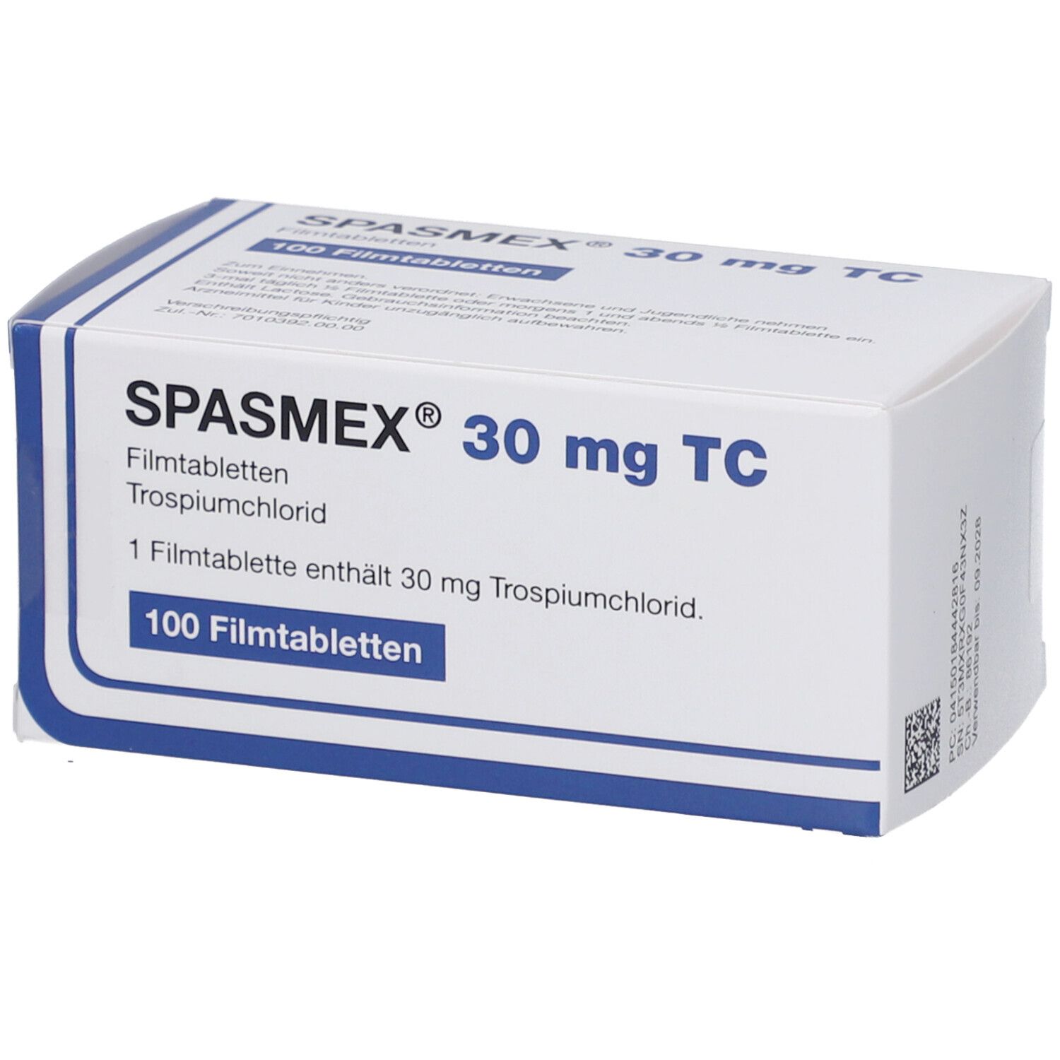 Schachtel mit SPASMEX 30 mg TC Filmtabletten. Blaue und weiße Verpackung. Enthält 100 Filmtabletten. Text: 1 Filmtablette enthält 30 mg T.