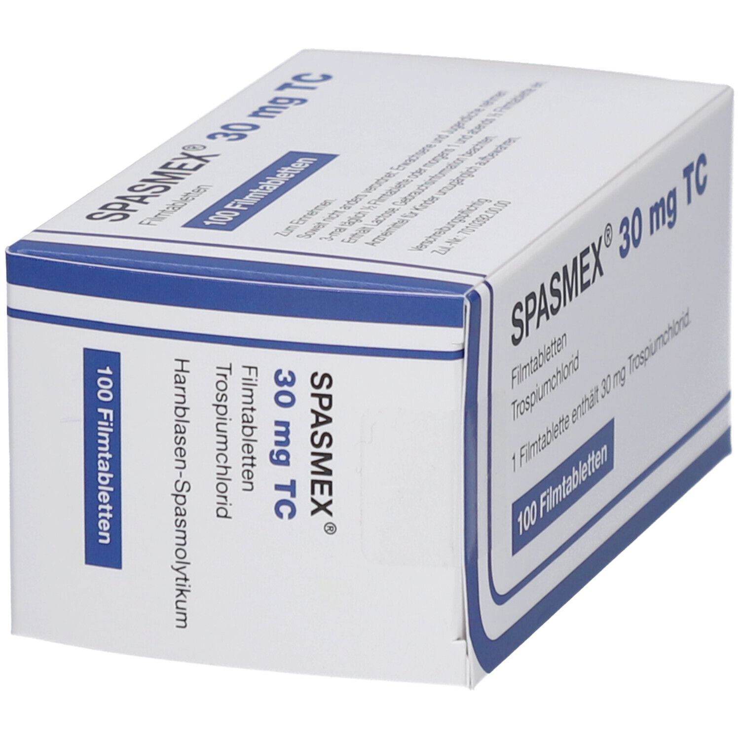 Schachtel mit SPASMEX 30 mg TC Filmtabletten. Blaue und weiße Verpackung. Enthält 100 Filmtabletten. Text: 1 Filmtablette enthält 30 mg T.