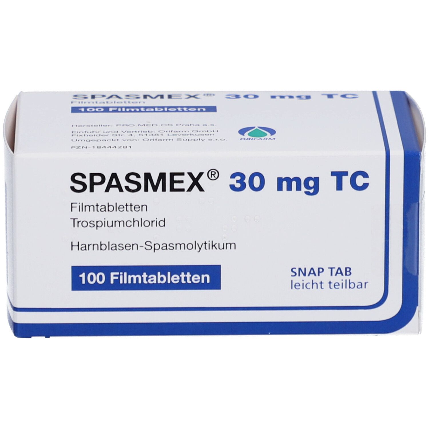 Schachtel mit SPASMEX 30 mg TC Filmtabletten. Blaue und weiße Verpackung. Enthält 100 Filmtabletten. Text: SNAP TAB leicht teilbar.