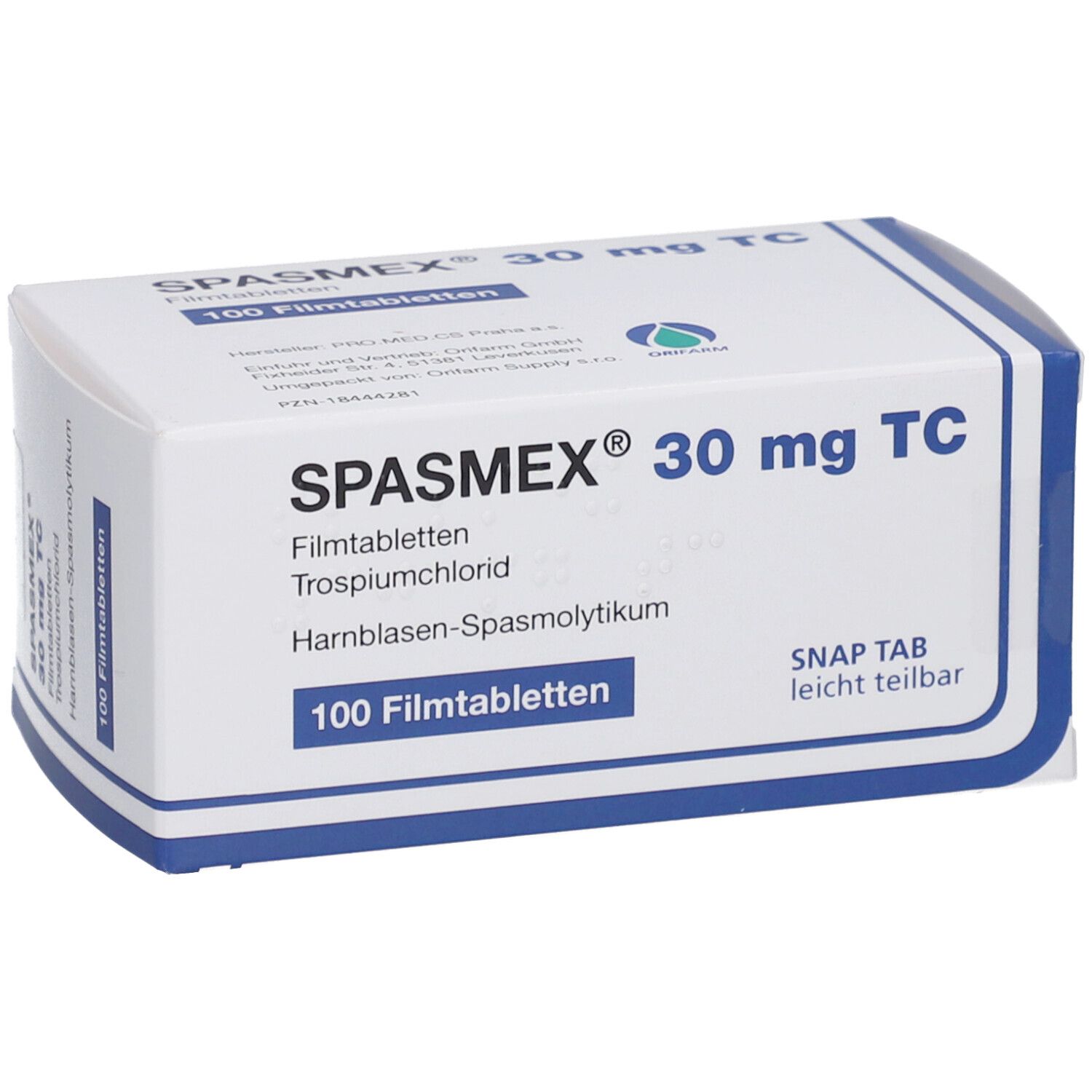 Schachtel mit SPASMEX 30 mg TC Filmtabletten. Blaue und weiße Verpackung. Enthält 100 Filmtabletten. Text: SNAP TAB leicht teilbar.