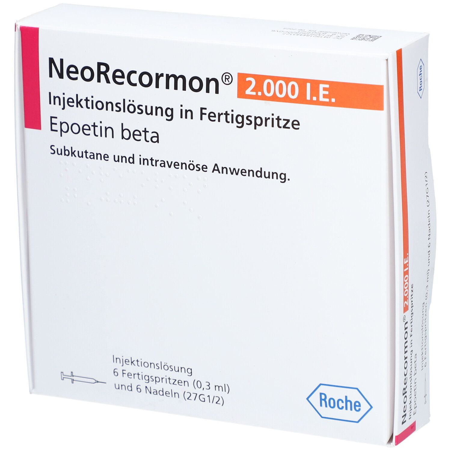 Verpackung von NeoRecormon 2.000 I.E. Injektionslösung. Enthält 6 Fertigspritzen und Nadeln. Roche-Logo.