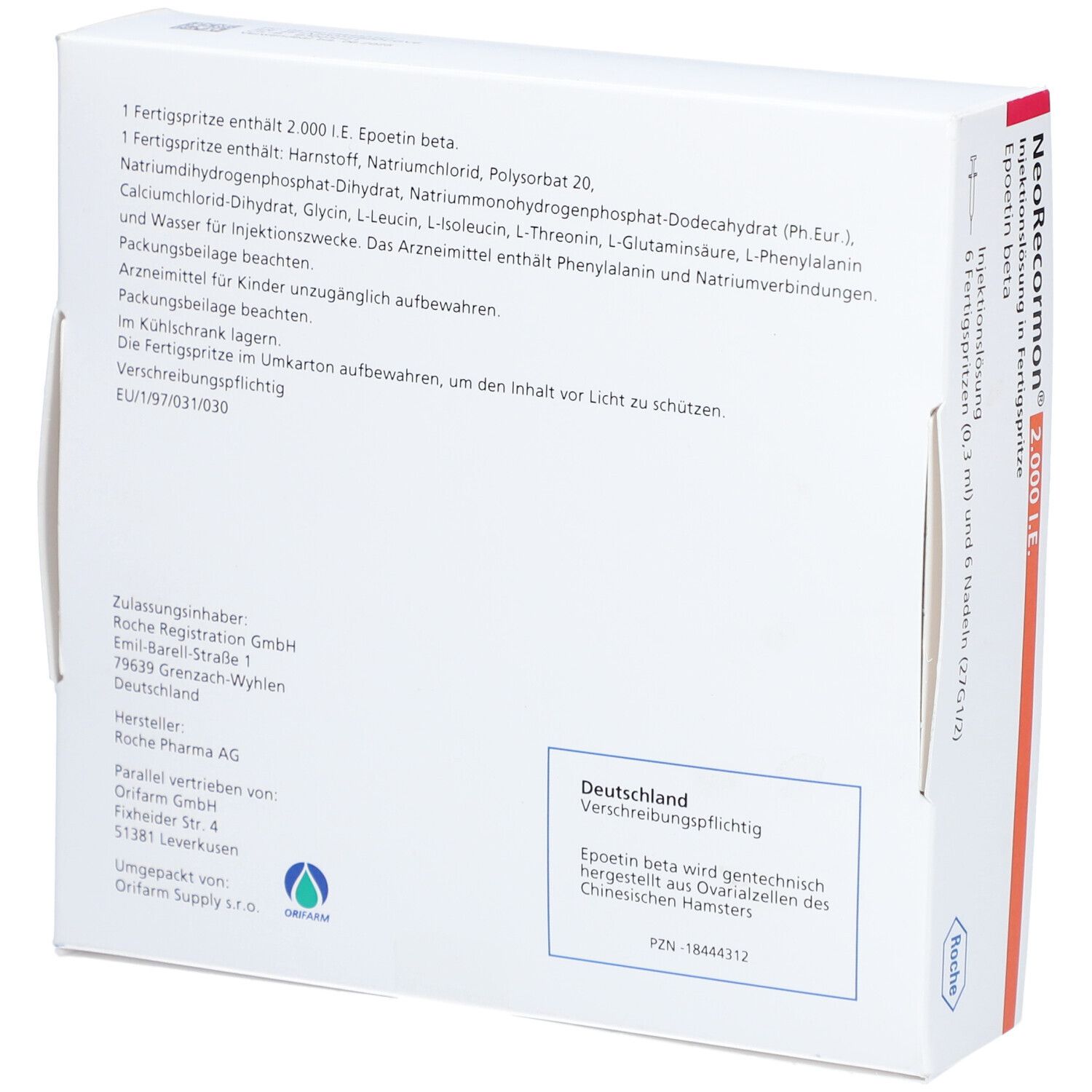Rückseite der NeoRecormon 2.000 I.E. Verpackung. Enthält Produktinformationen, Hersteller- und Zulassungsinformationen.