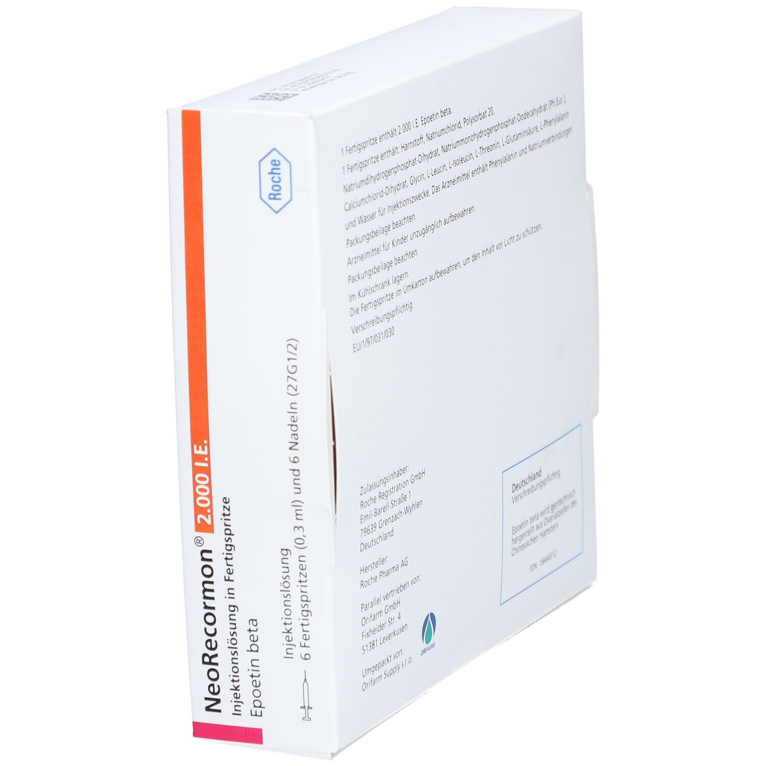 NeoRecormon 2.000 I.E. Verpackung, schräge Seitenansicht. Enthält 6 Fertigspritzen. Roche-Logo.