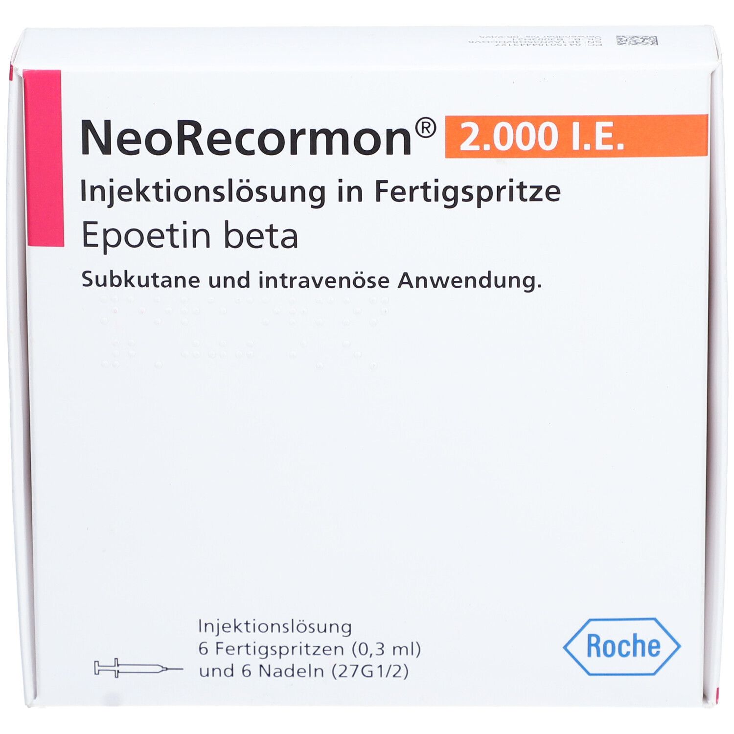NeoRecormon 2.000 I.E. Verpackung. Enthält 6 Fertigspritzen und Nadeln. Roche-Logo. Produktinformationen.
