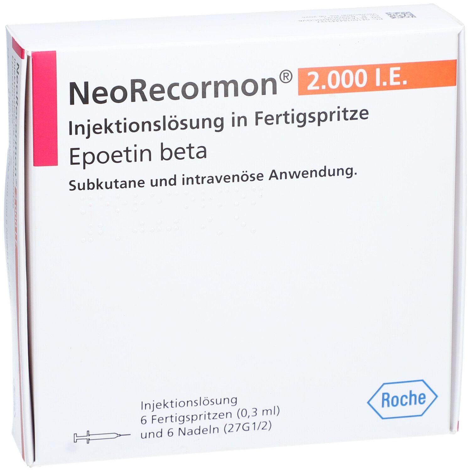 NeoRecormon 2.000 I.E. Verpackung. Enthält 6 Fertigspritzen und Nadeln. Roche-Logo. Produktinformationen.