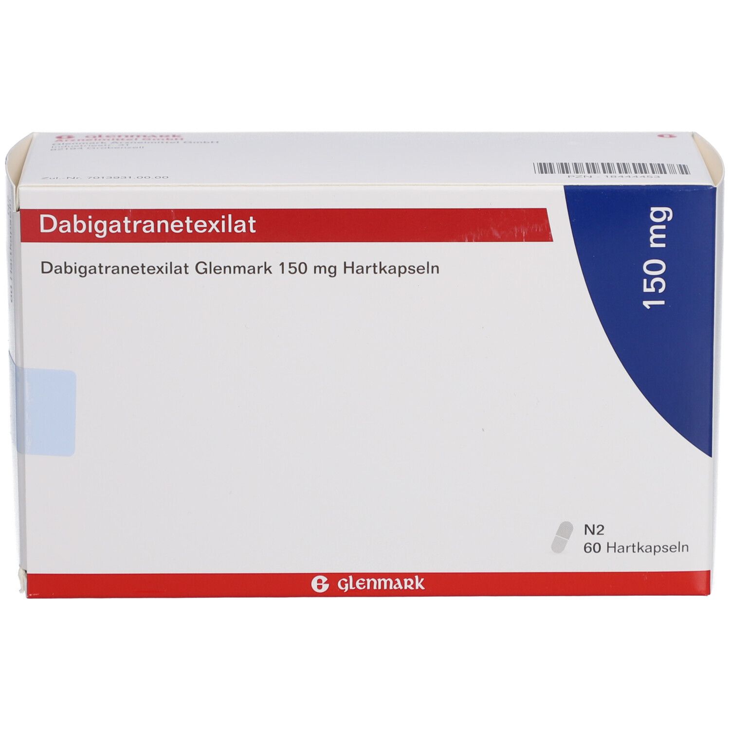 Schachtel mit Medikamenten. Aufschrift: Dabigatranetexilat Glenmark 150 mg Hartkapseln. Marke Glenmark. Blaue und rote Akzente.