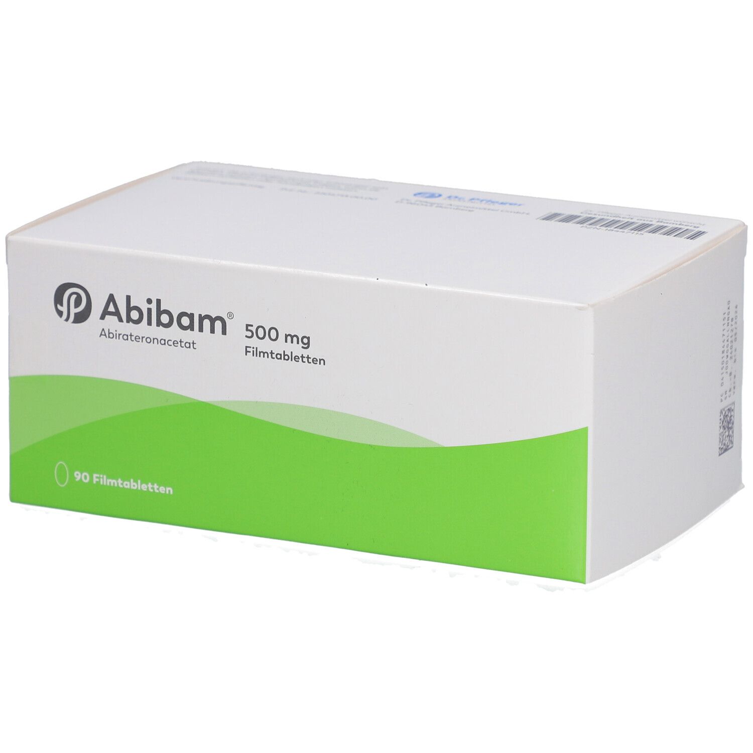 Weiße Schachtel mit grünem Streifen. Aufschrift: Abibam 500 mg Filmtabletten. 90 Filmtabletten.
