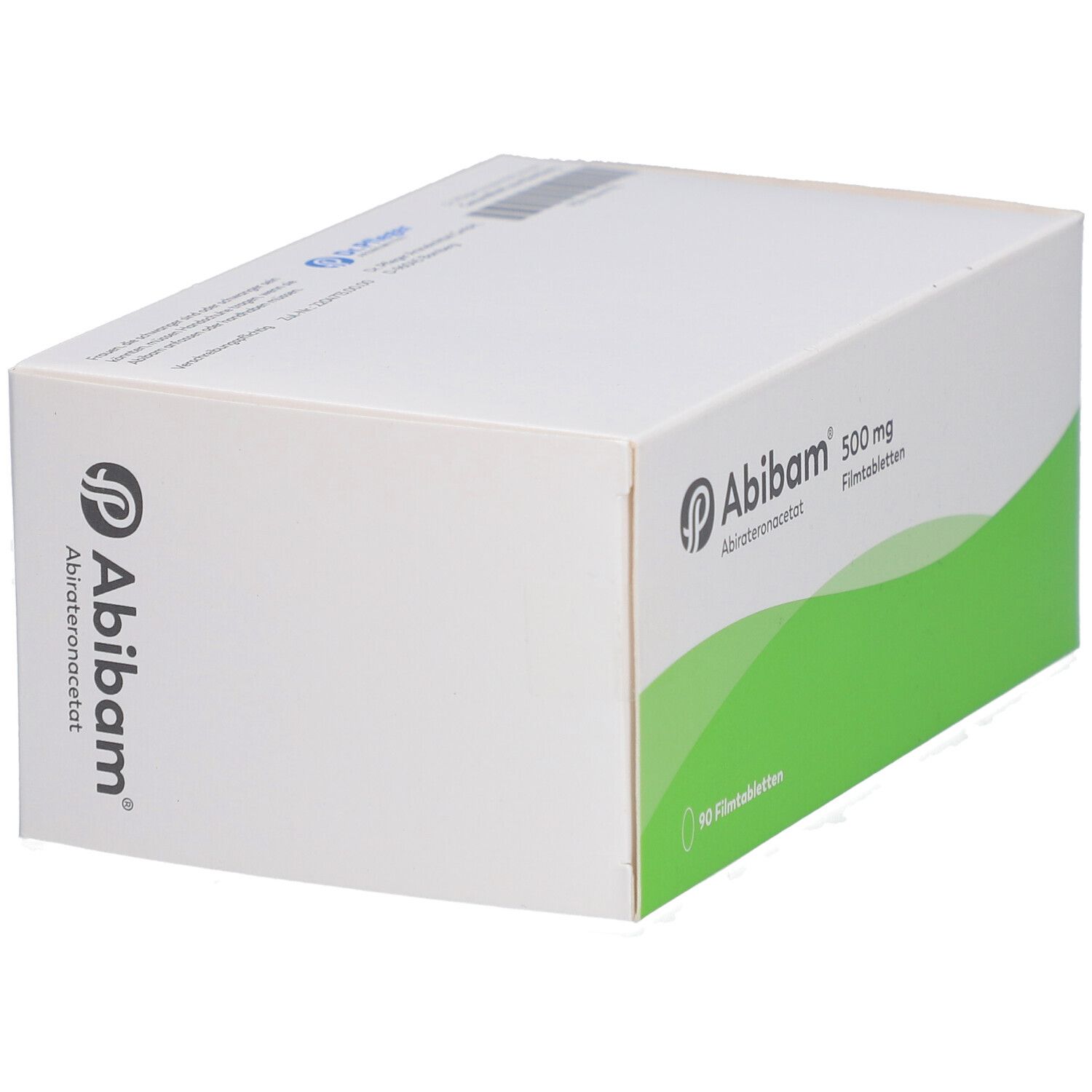 Weiße Schachtel mit grünem Streifen. Aufschrift: Abibam 500 mg Filmtabletten. 90 Filmtabletten.