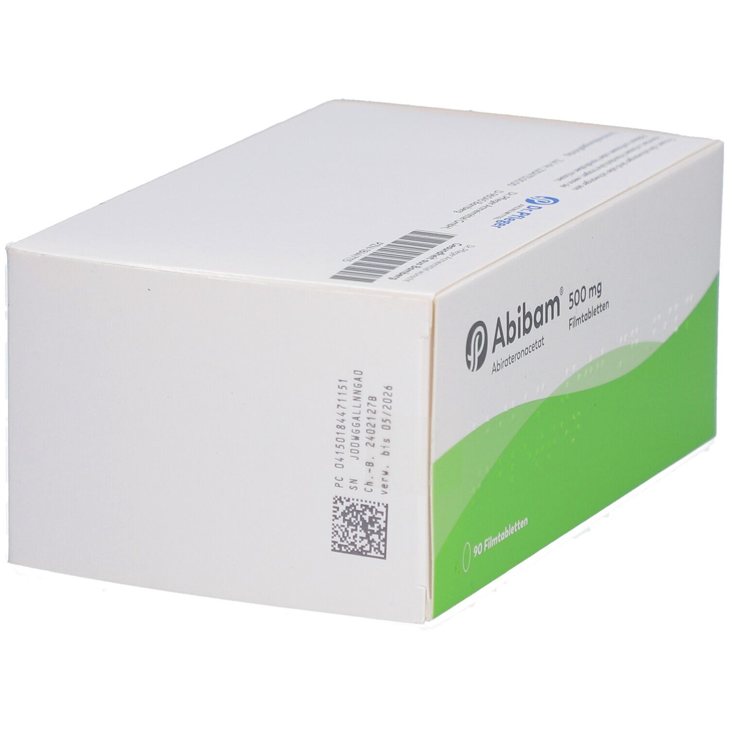 Weiße Schachtel mit grünem Streifen. Aufschrift: Abibam 500 mg Filmtabletten. 90 Filmtabletten. Barcode.