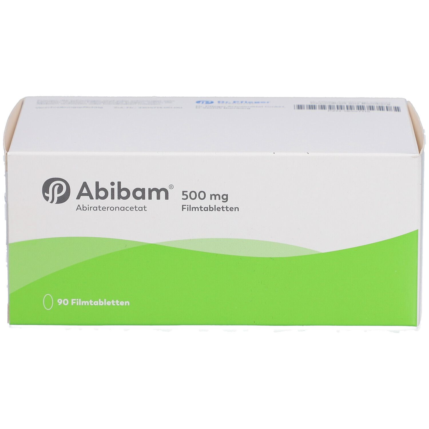 Weiße Schachtel mit grünem Streifen. Aufschrift: Abibam 500 mg Filmtabletten. 90 Filmtabletten.