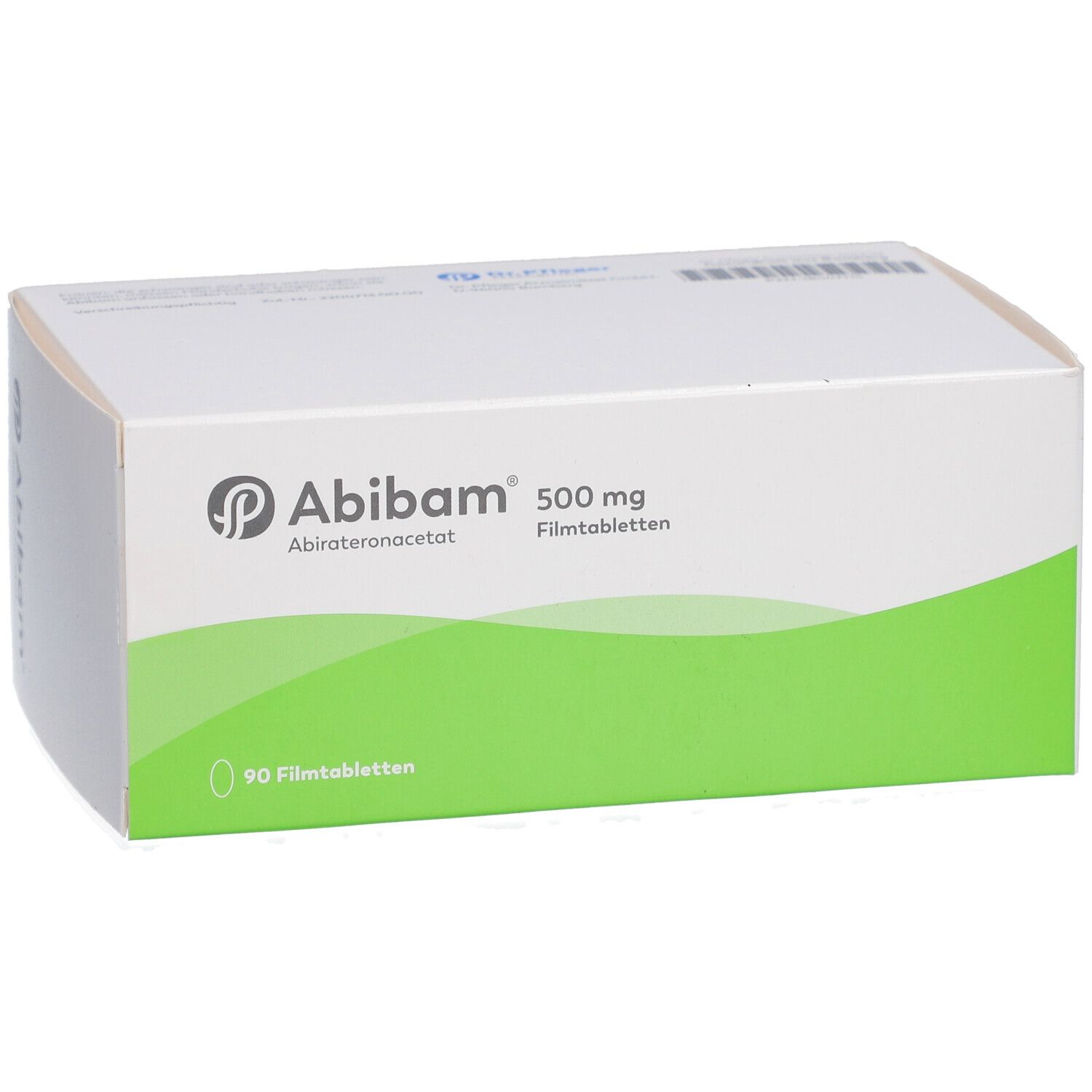 Weiße Schachtel mit grünem Streifen. Aufschrift: Abibam 500 mg Filmtabletten. 90 Filmtabletten.