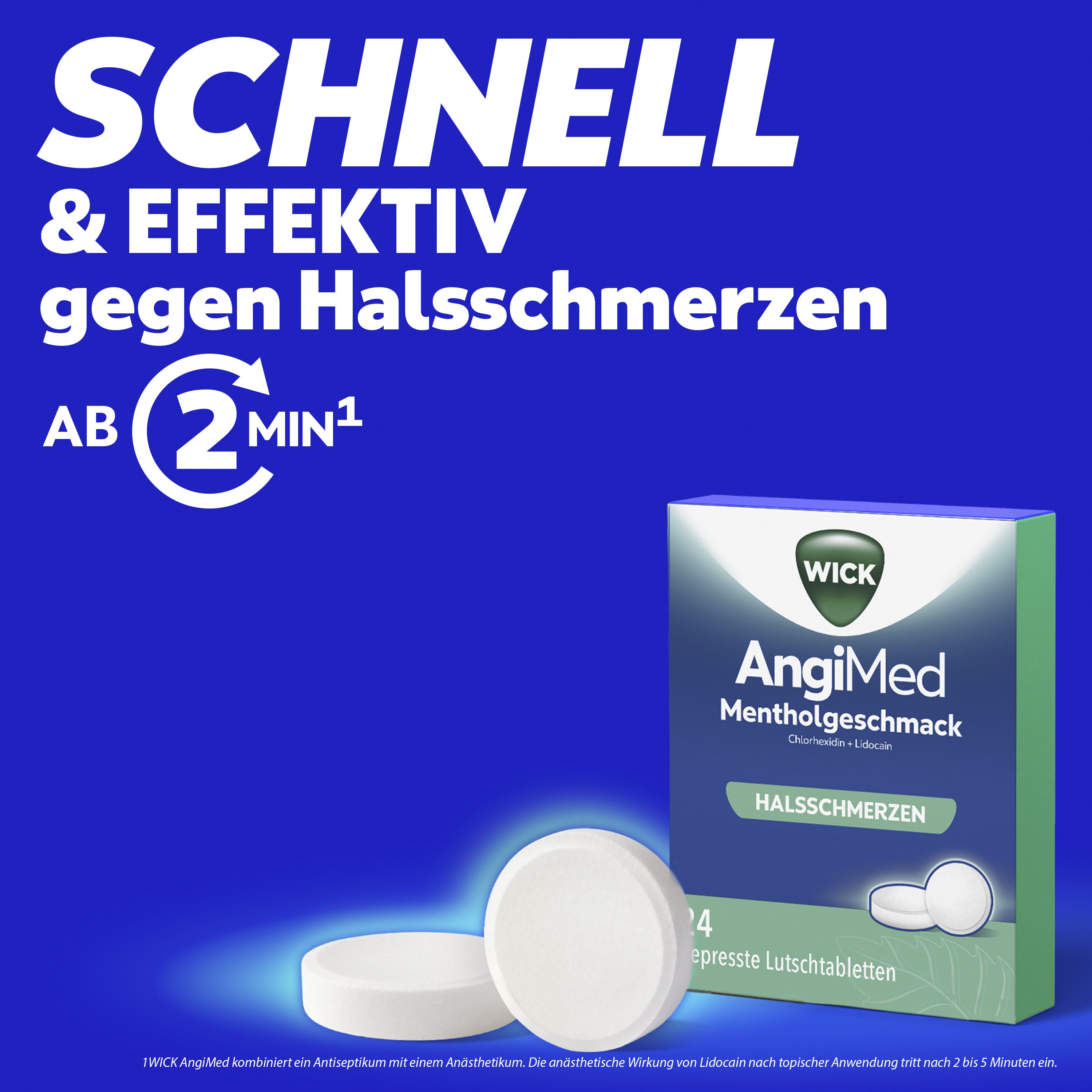 WICK AngiMed Mentholgeschmack Lutschtabletten: Schnell gegen Halsschmerzen ab 2 Minuten.