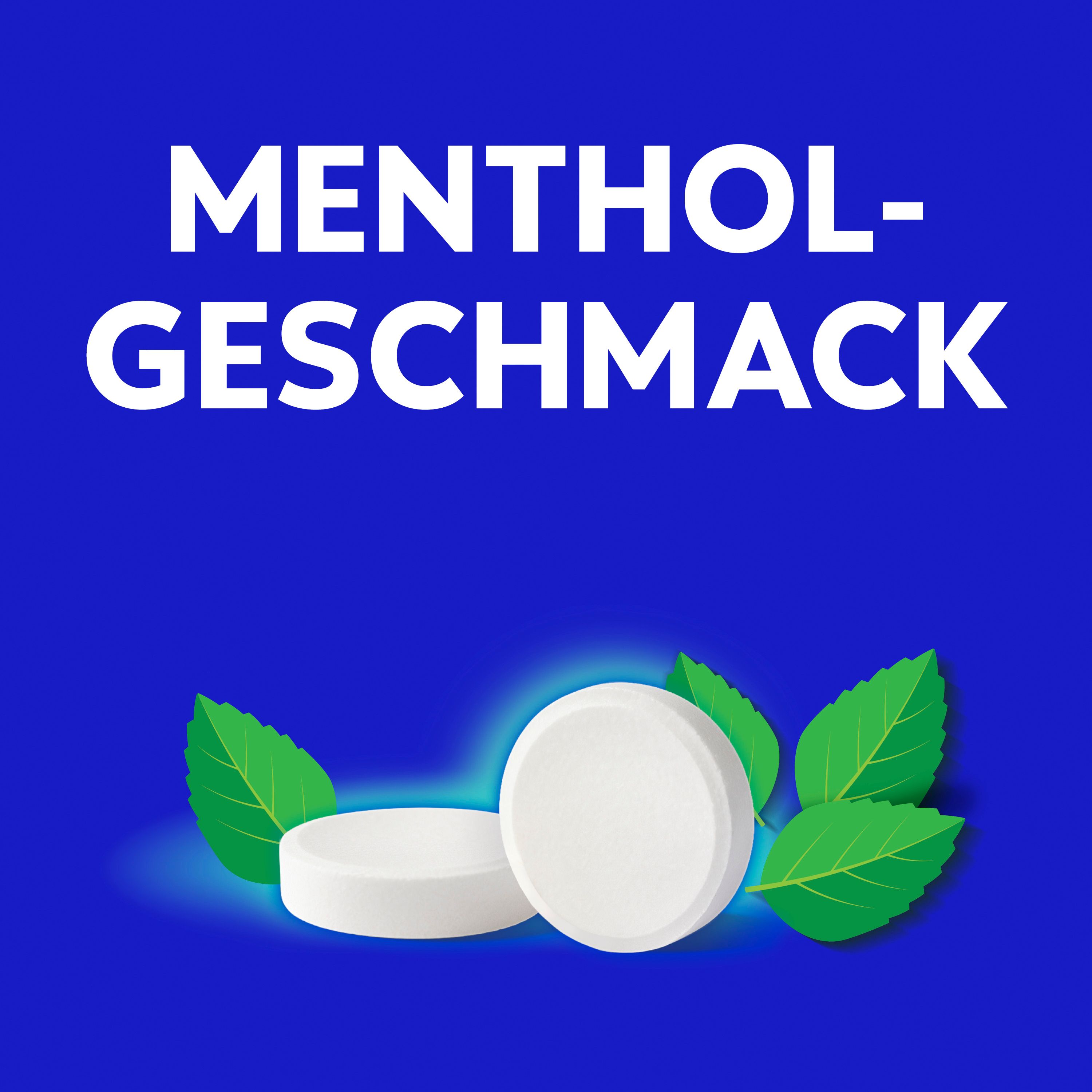 WICK AngiMed Mentholgeschmack Lutschtabletten mit Minzblättern.