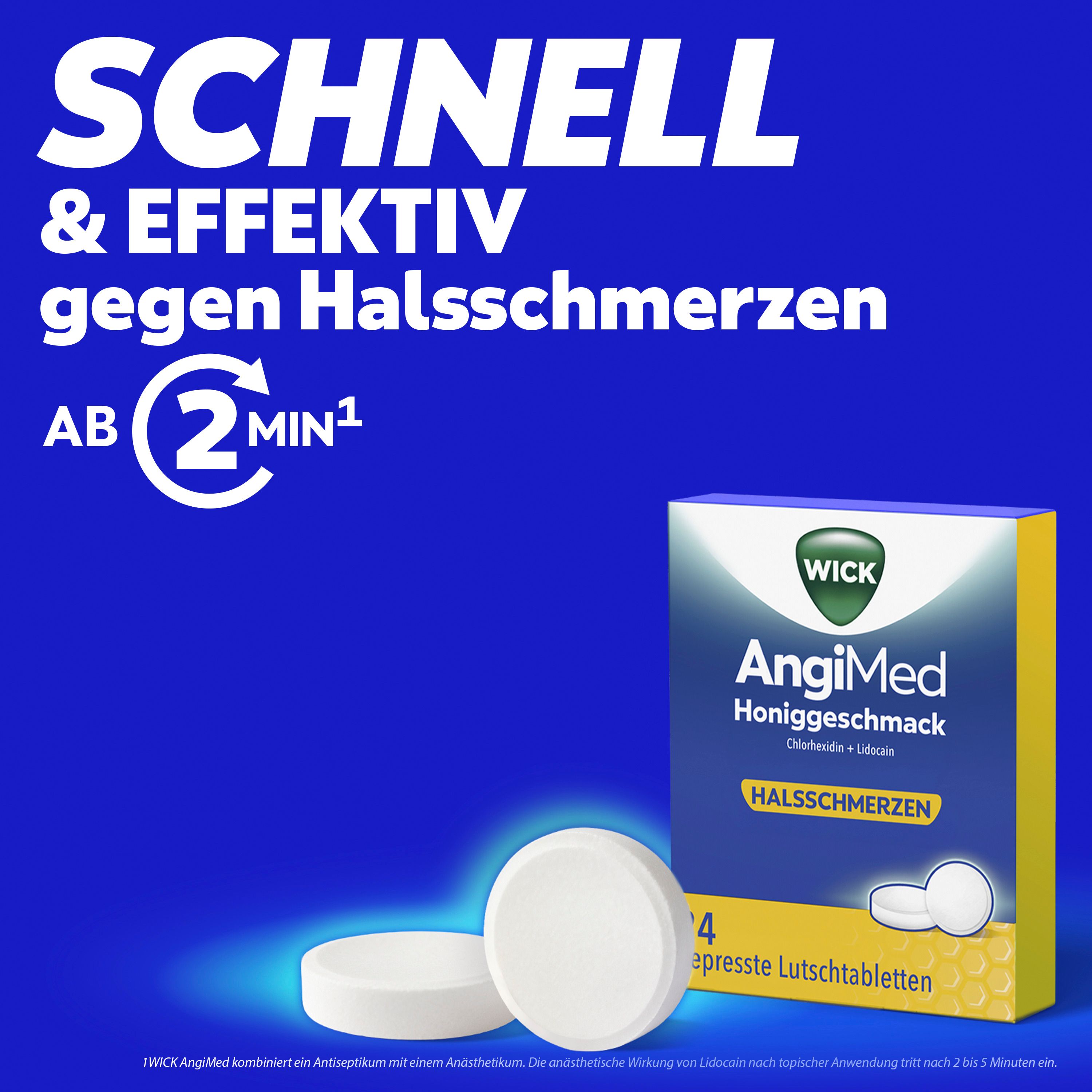 Verpackung und Tabletten von WICK AngiMed Honiggeschmack, beworben als schnell und effektiv gegen Halsschmerzen.