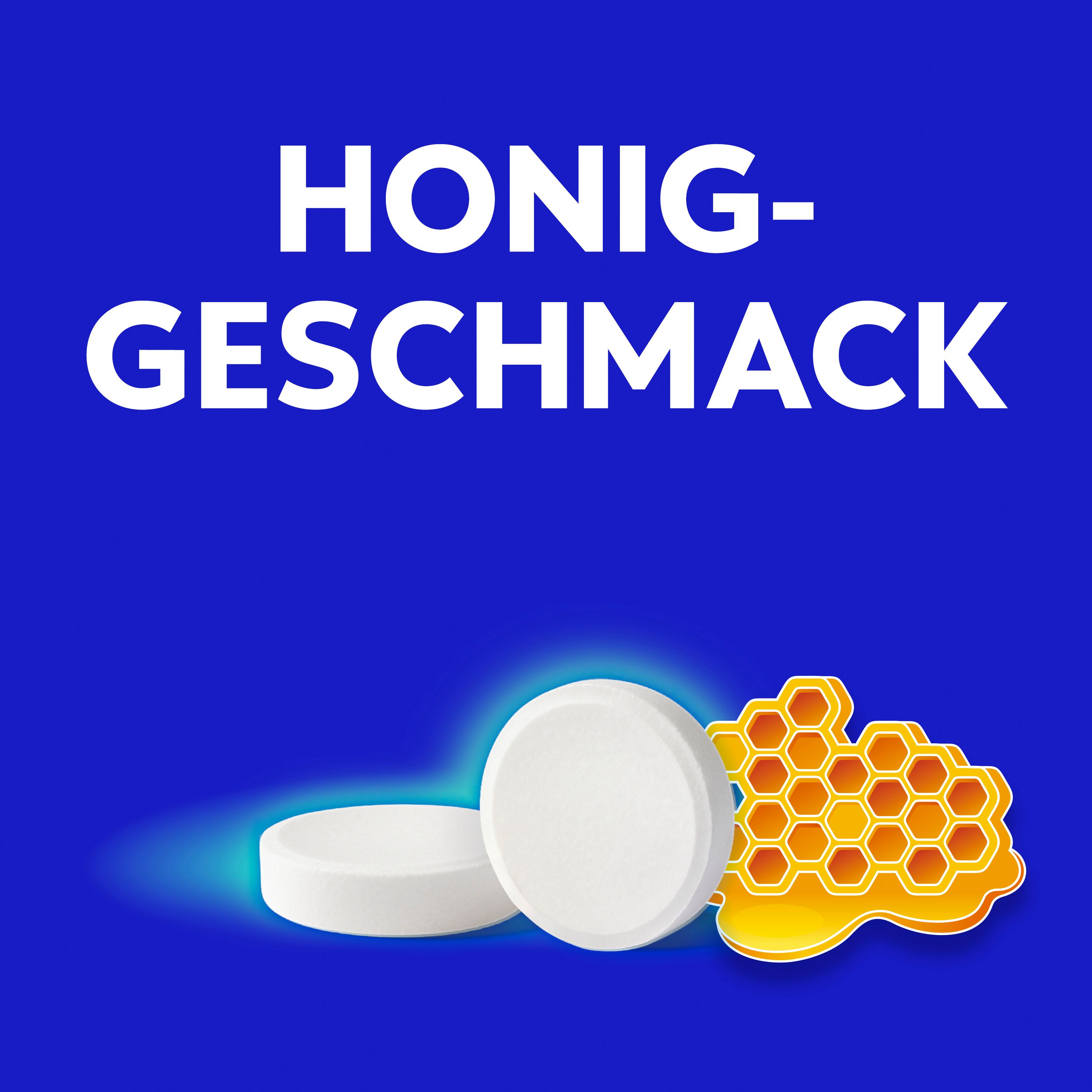Zwei Lutschtabletten und eine Honigwabe als Symbol für Honiggeschmack.