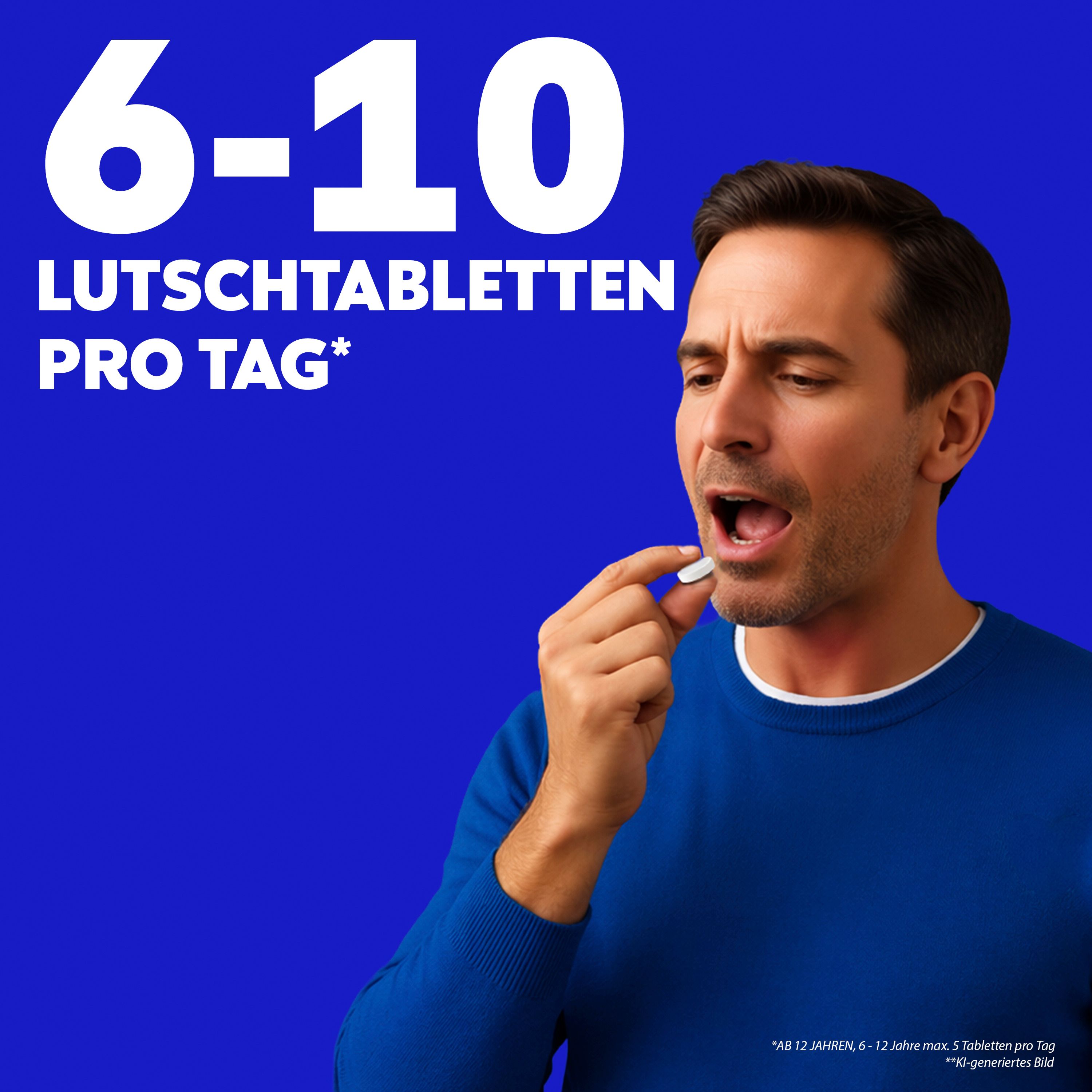 Mann nimmt eine WICK AngiMed Lutschtablette, 6-10 Lutschtabletten pro Tag.