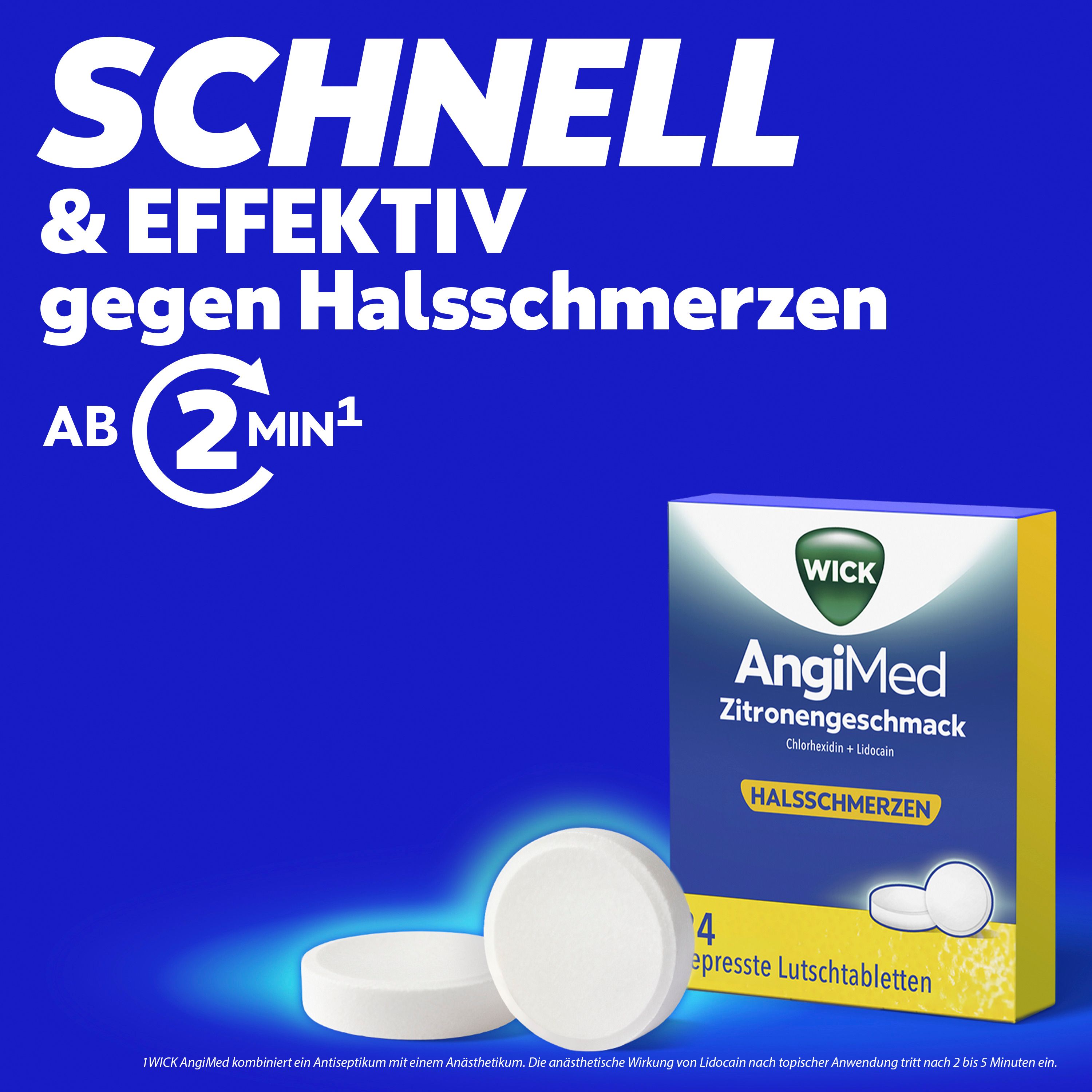 WICK AngiMed Zitronengeschmack Lutschtabletten: Schnell und effektiv gegen Halsschmerzen, ab 2 Minuten.