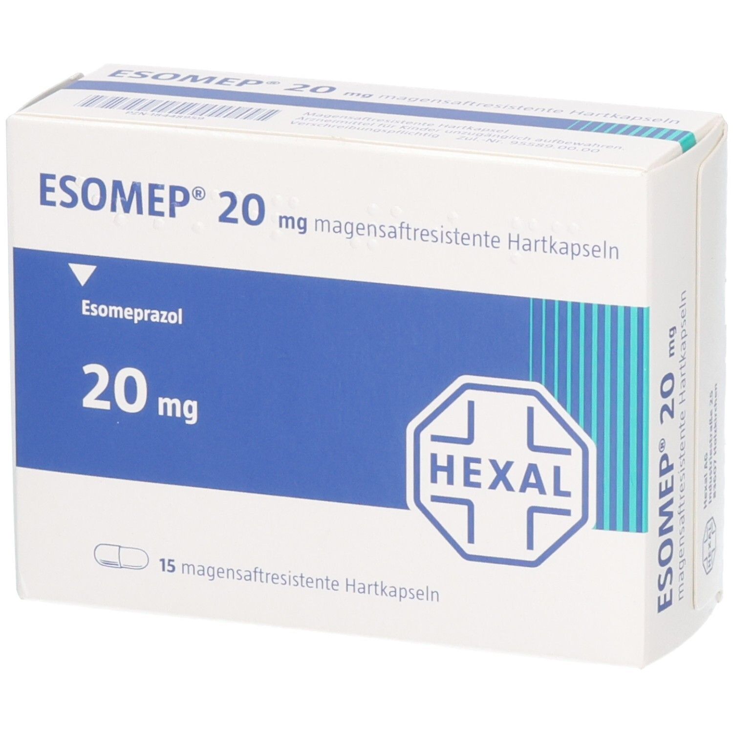 Schachtel mit ESOMEP 20 mg magensaftresistente Hartkapseln. Blaue und weiße Verpackung. Enthält 15 Kapseln. Hexal Logo.