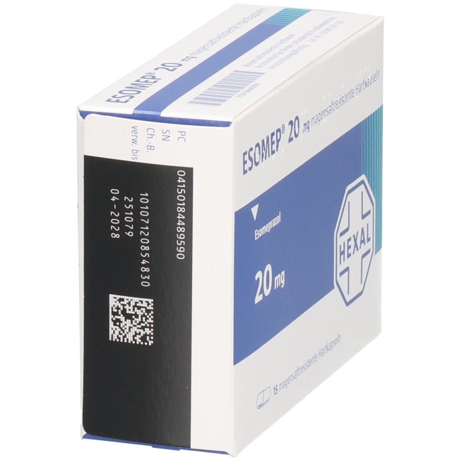 ESOMEP 20 mg Schachtel, Seitenansicht. Weiße Verpackung mit blauer Fläche. Enthält Informationen und Barcode. Hexal Logo.