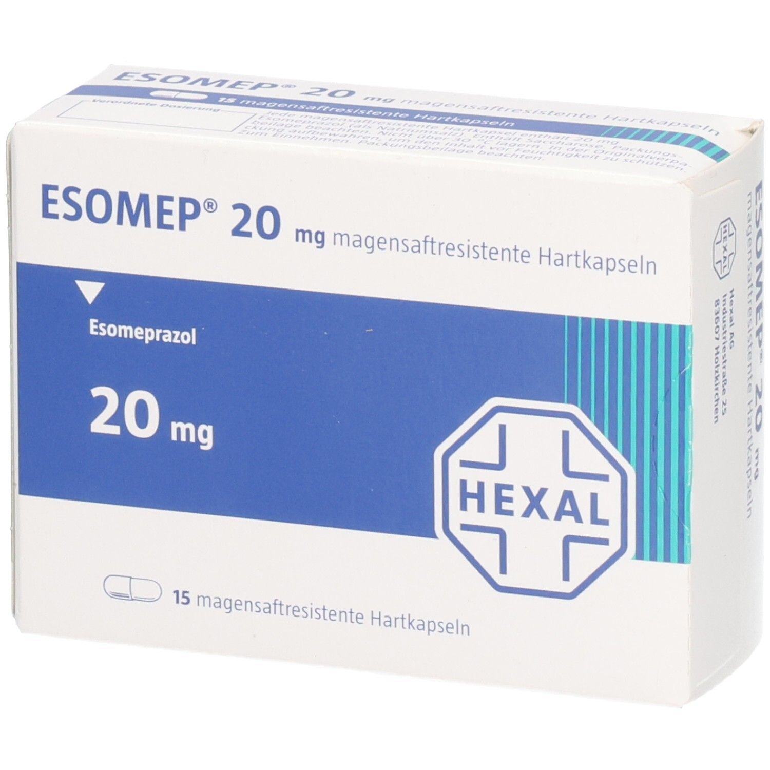 Schachtel mit ESOMEP 20 mg magensaftresistente Hartkapseln. Blaue und weiße Verpackung. Enthält 15 Kapseln. Hexal Logo.