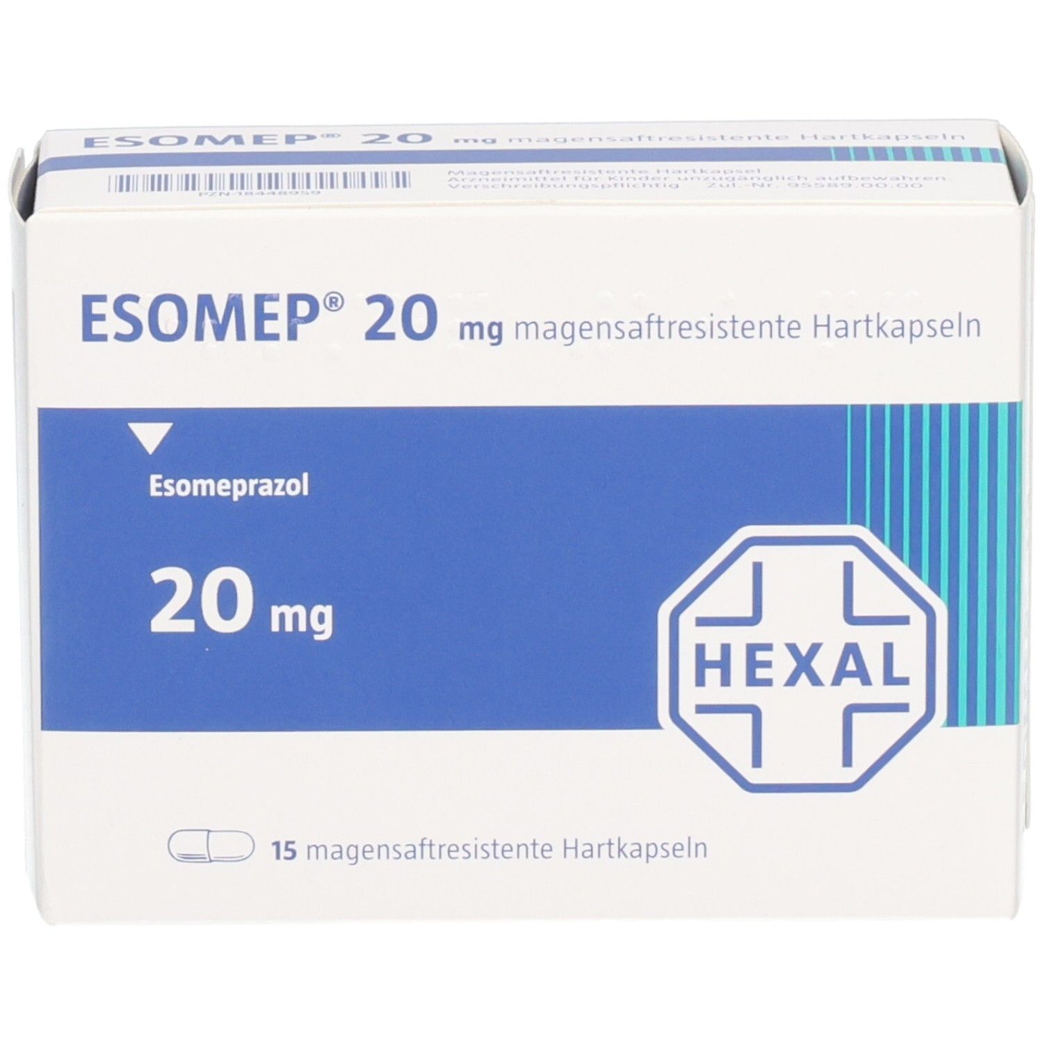 ESOMEP 20 mg Schachtel. Weiße Verpackung mit blauer Fläche. Enthält 15 Kapseln. Hexal Logo. Produktname und Dosierung.