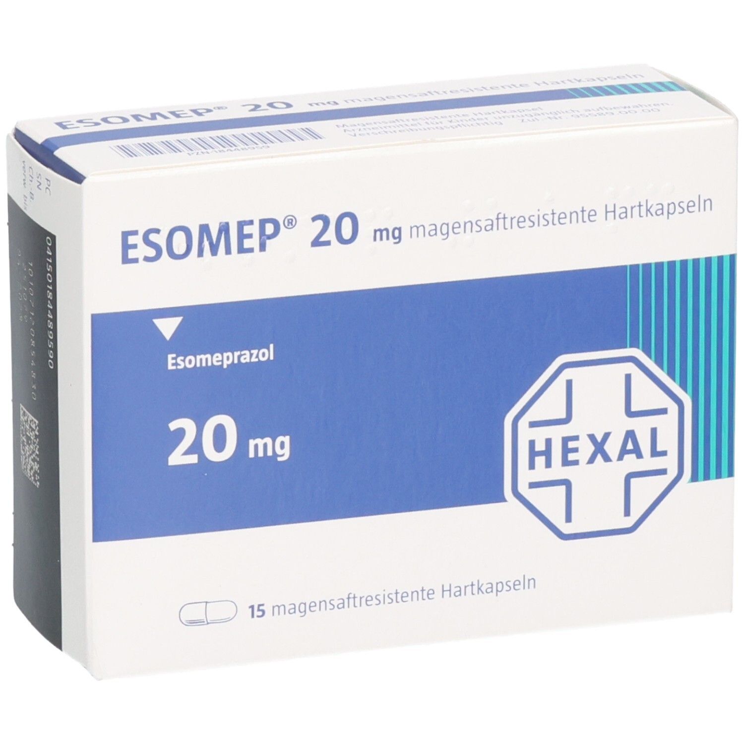 ESOMEP 20 mg Schachtel. Weiße Verpackung mit blauer Fläche. Enthält 15 Kapseln. Hexal Logo. Produktname und Dosierung.