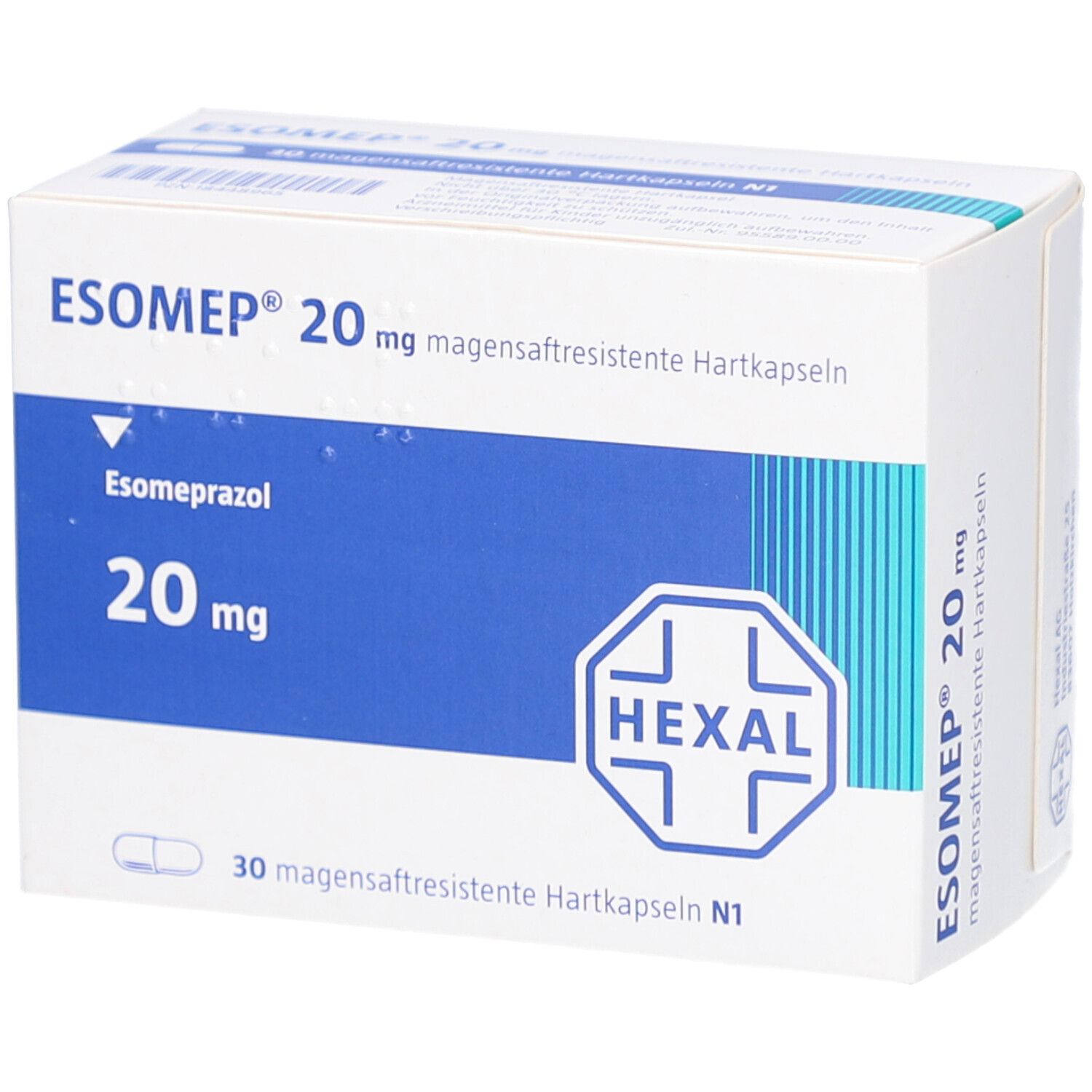 Schachtel mit ESOMEP 20 mg magensaftresistente Hartkapseln. Blaue und weiße Verpackung. HEXAL-Logo.